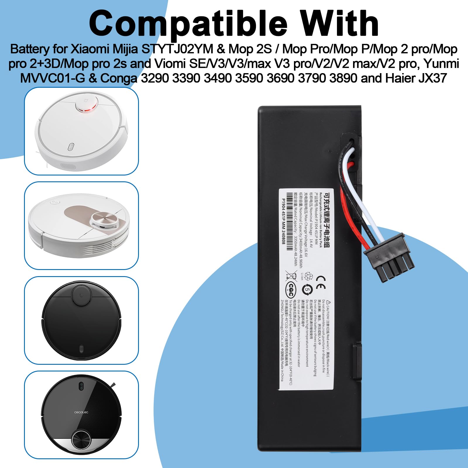 14.4V 3400mAh 48.96Wh Zamiennik baterii do Xiaomi Mijia STYTJ02YM i Mop 2S / Mop Pro/Mop P / Viomi SE V3 V2 bateria do Yunmi MVVC01-G i Conga 3290 3390 3490 3590 3690 363790 3890