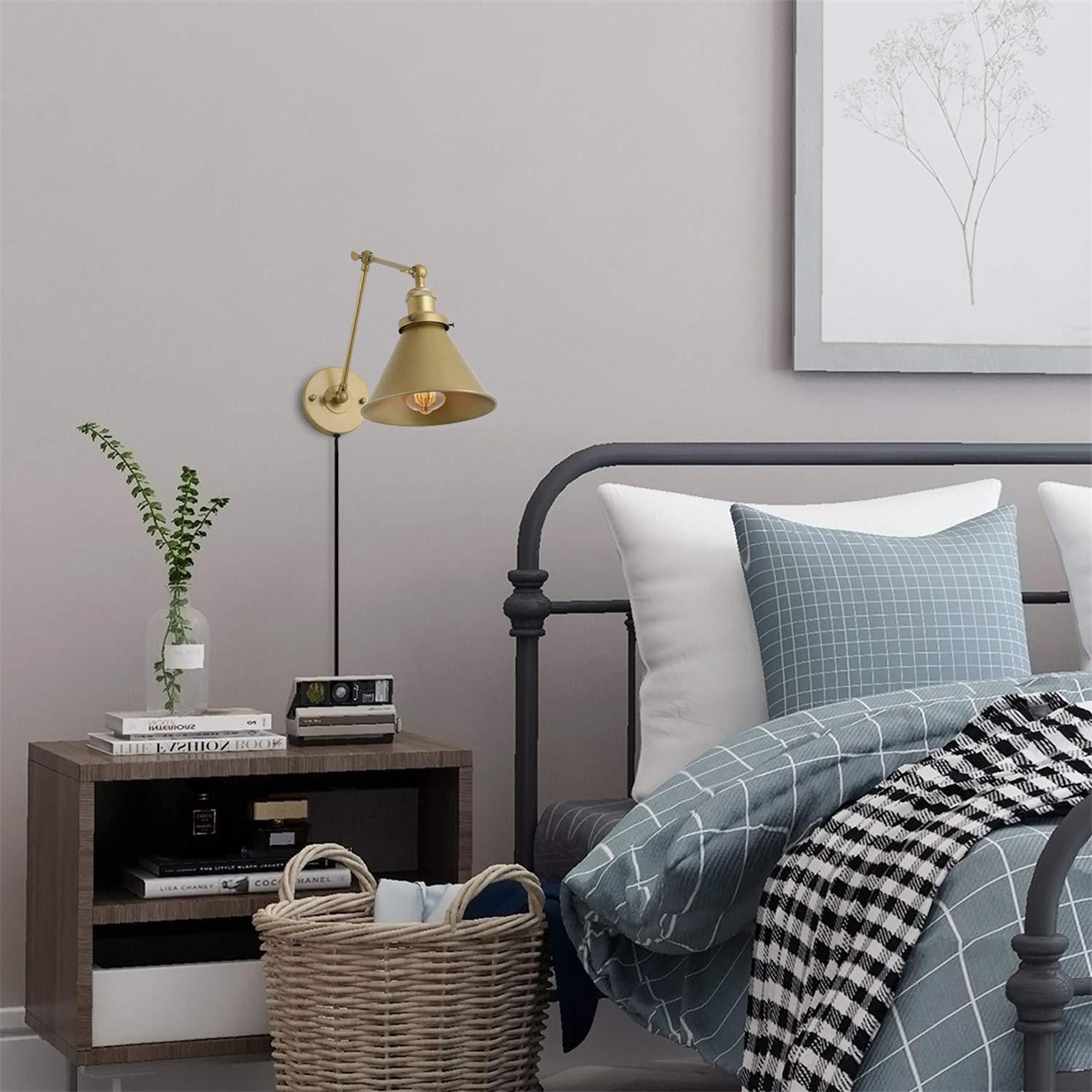Innen Vintage Wandleuchte mit Schalter Wandlampe Langer Swing Arm Verstellbar mit Kabel Stecker Wandleuchten Strahlwinkel Einstellbar Beleuchtung Wandbeleuchtung für Schlafzimmer (Gold,1 Stück)
