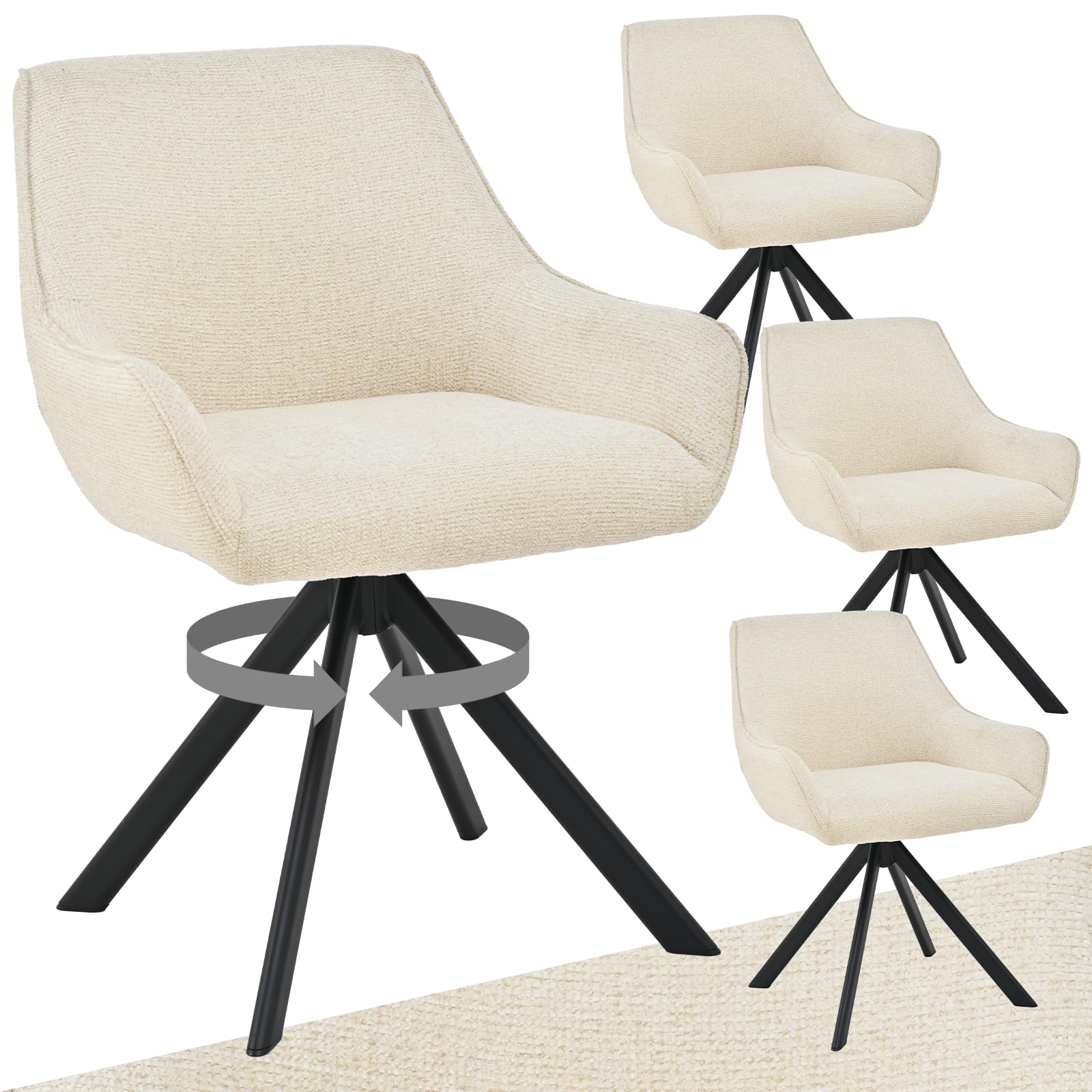 Goeurvant Esszimmerstühle Drehbar 4er Set mit Armlehne – 360°Drehbar Polsterstuhl Chenille Modern Drehstuhl Küchenstuhl mit Metallgestell und Lehne für Esszimmer, Wohnzimmer, Büro, Cremeweiß