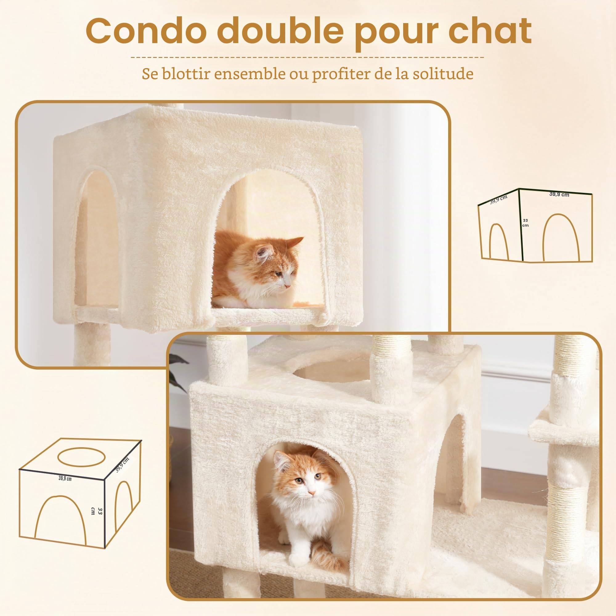 Heybly Arbre à Chat XXL 193cm, Base Extra Large, Tour Lourde avec 10 Poteaux en Sisal et 2 Hamacs pour Chats, 2 Niches Design, Mobilier et Couchage pour Chats Géants, Beige HCT039M