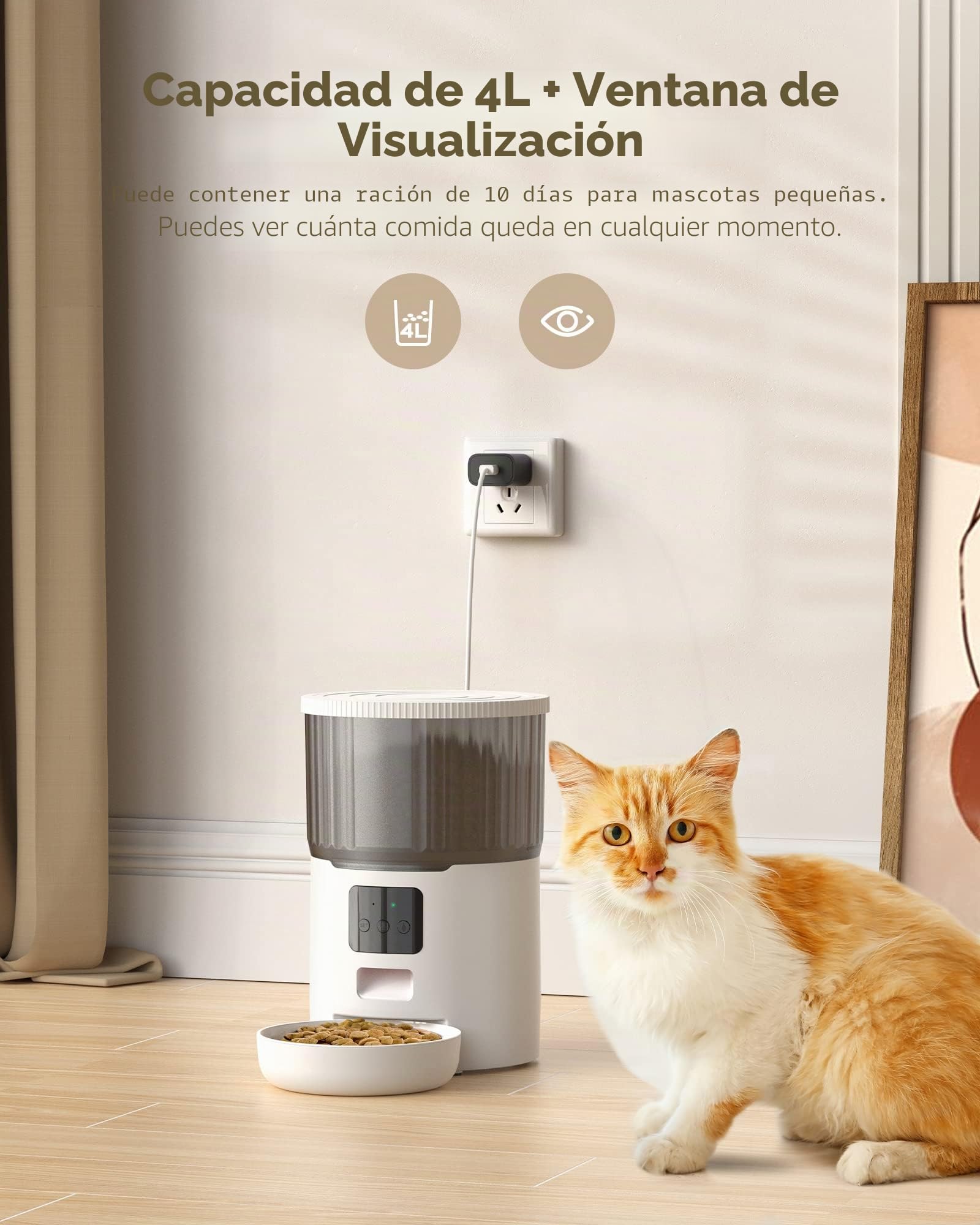 UIOOQ Comedero Gato Automatico WiFi, 4L Dispensador Comida para Perro/Gato con Grabación 10s,Programa Personalizado de Alimentación Automática,10Comidas Diarias,Tapa de Cierre Giratoria,Blanco