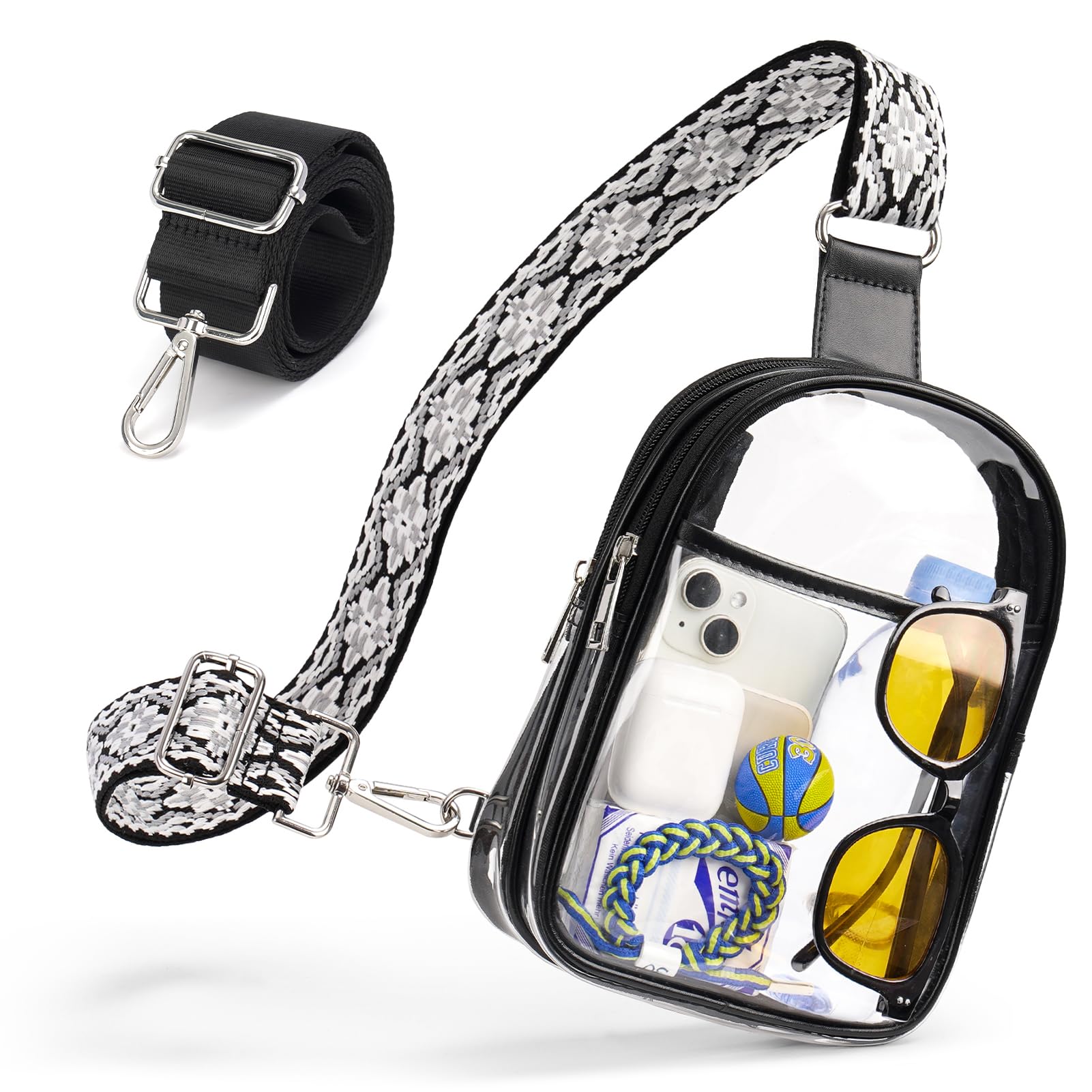 QOECI 3 Pockets Clear Bag for Stadium Events with 2 Long Straps Sling Backpack Fanny Pack Concert Crossbody Purses for Women