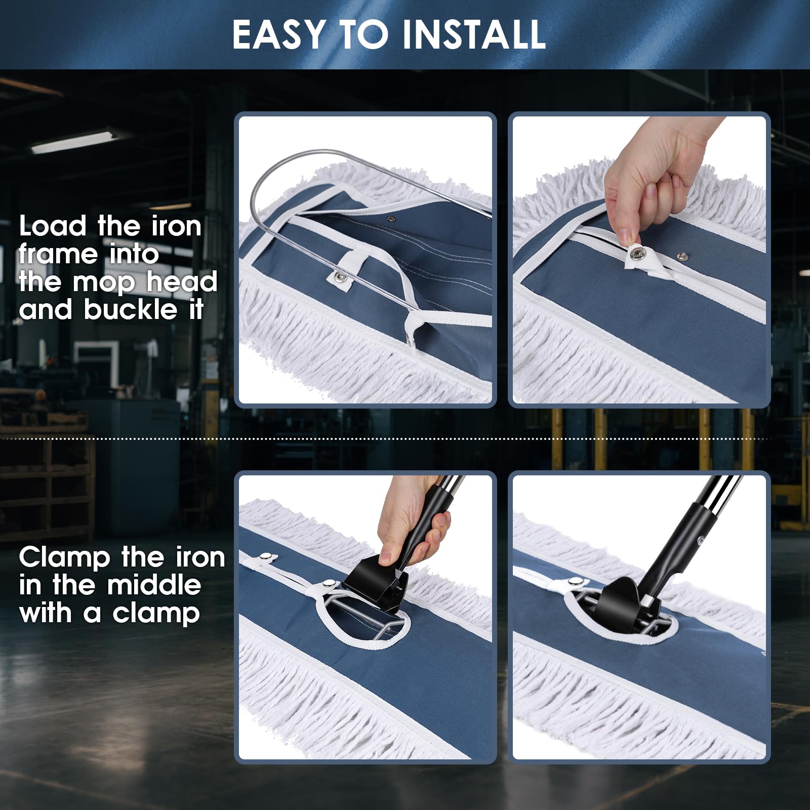 OZD Mocio industriale, largo 105 cm, resistente, con cuscinetti in microfibra e cotone riutilizzabili, per pavimenti duri, laminati e piastrelle, girevole a 360°, per uffici, hotel, garage, ospedali