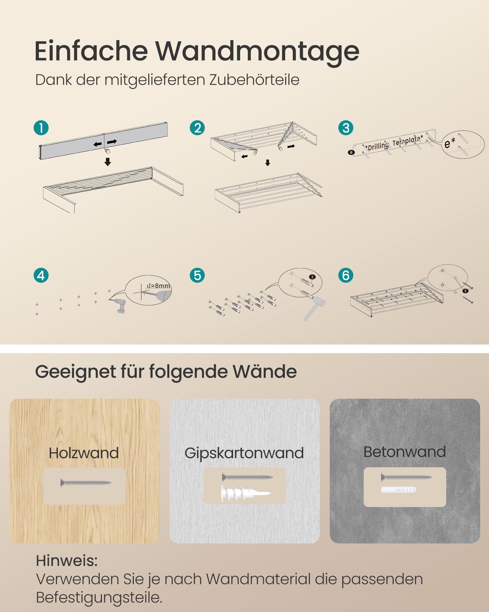 SONGMICS Wäscheständer Wandmontage, Wäschetrockner klappbar 6 Stangen, Wandwäschetrockner ausziehbar, Wandtrockner platzsparend, Bohrschablone, für innen, außen, 100 cm, mattweiß LLR810WE01
