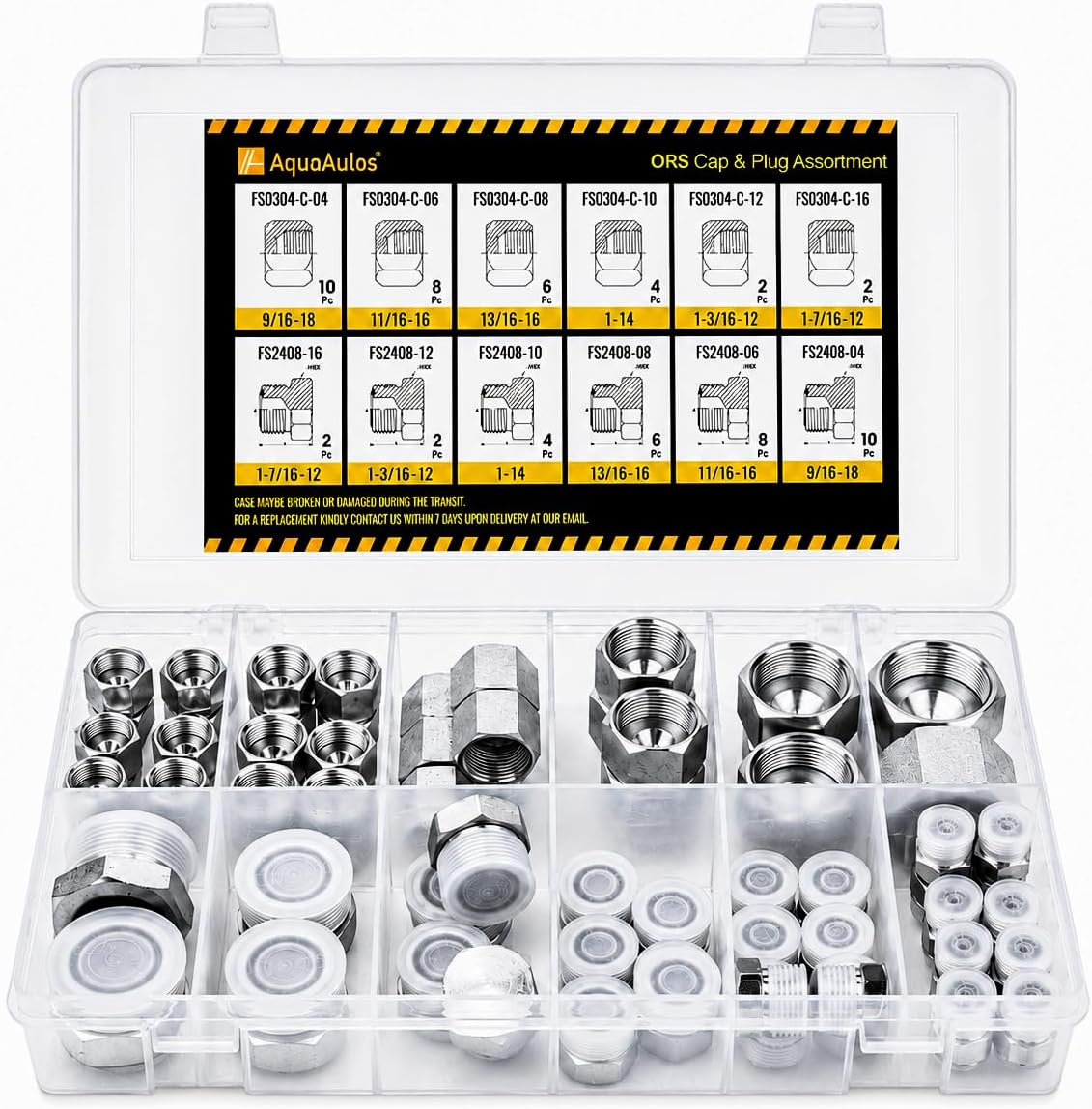 64 Pcs. ORFS Cap & Plug Assortment Kit, Seal Adapter Set for Hydraulic Hose Tube and Pipe, O-Ring Face Seal Fittings, Galvanized Carbon Steel with Precision Threading, Dash Sizes 4 6 8 10 12 16