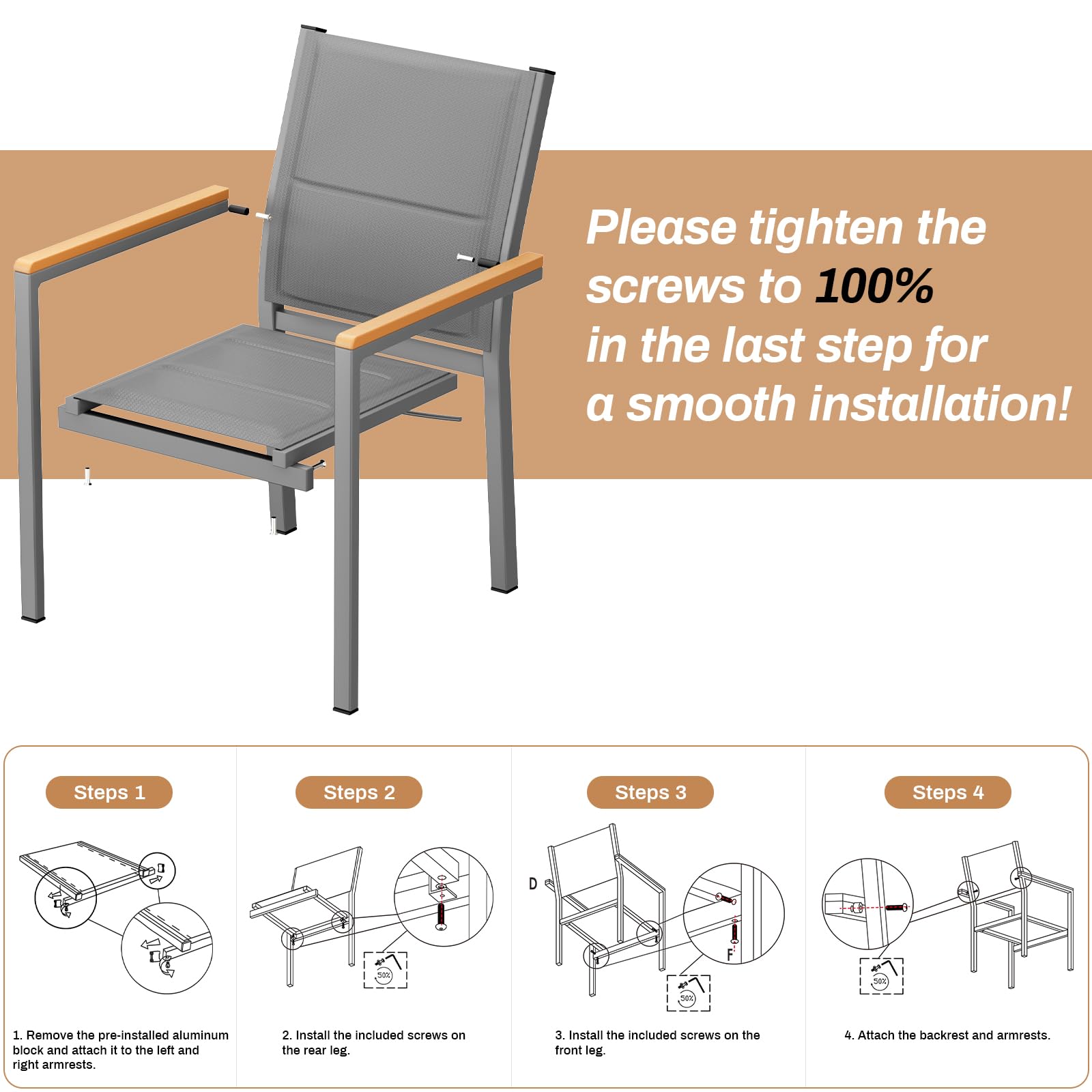 LIFERUN Juego de 2 sillas de jardín de aluminio, con respaldo acolchado y asiento, silla de comedor apilable, pasamanos de WPC, sillas de balcón, para terraza, balcón, terraza, piscina, restaurantes