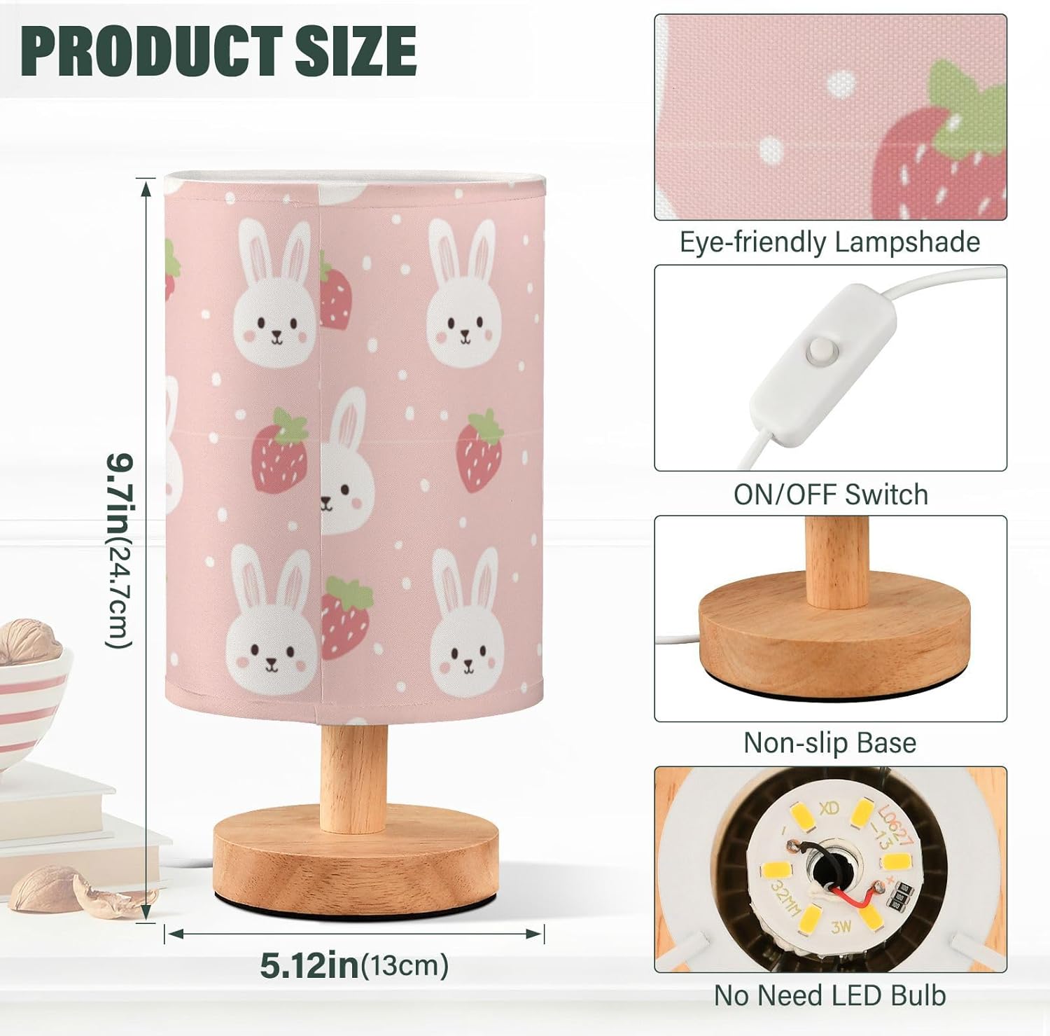 Aslsiy Cute White Bunny Strawberry Bedside Table Lamp Pink Nightstand Lamp Night Light Fabric Shade for Bedroom Living Room Home Office