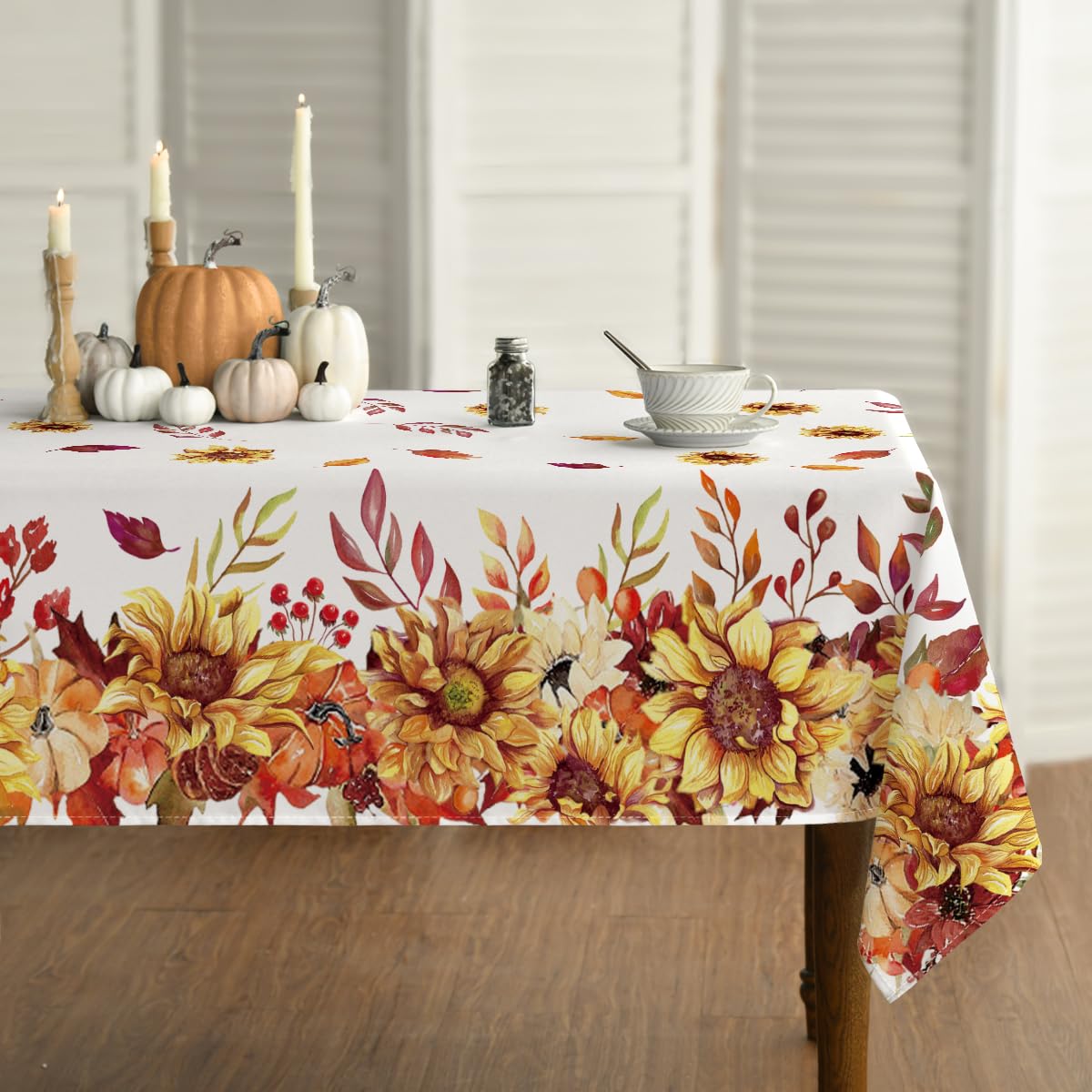 The Holiday Aisle® Fall Tablecloth, Thanksgiving Autumn Harvest Watercolor Blue Buffalo Plaid Pumpkin Table Cover For Party Picnic Dinner Decor