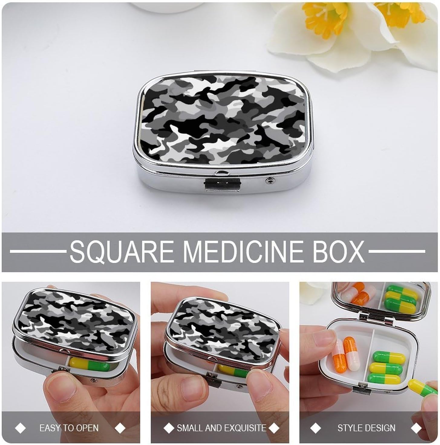 Black Grey White Camo Square Pill Case, Metal Pill Organizer image 4