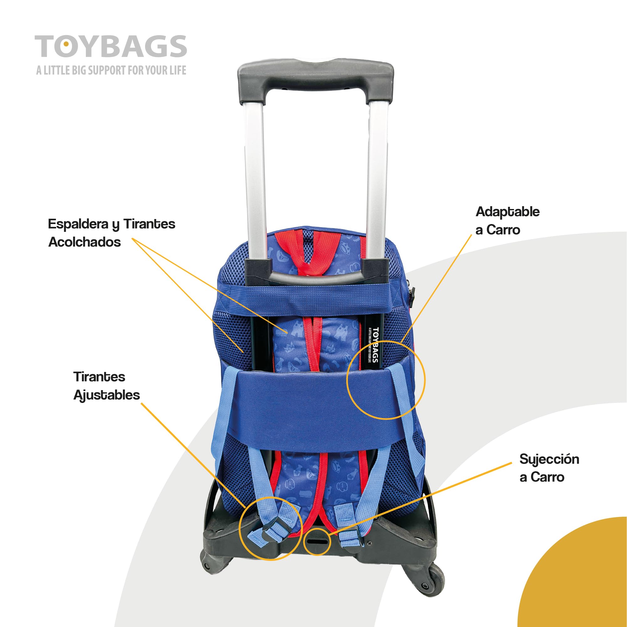 Mochila Escolar Super Mario - Doble Compartimento Adaptable + Carro Negro TOYBAGS con Proteccion Lateral Y STOPER Frontal Anti CAIDA 4 Ruedas giratorias - 45 X 32 X 20 CM