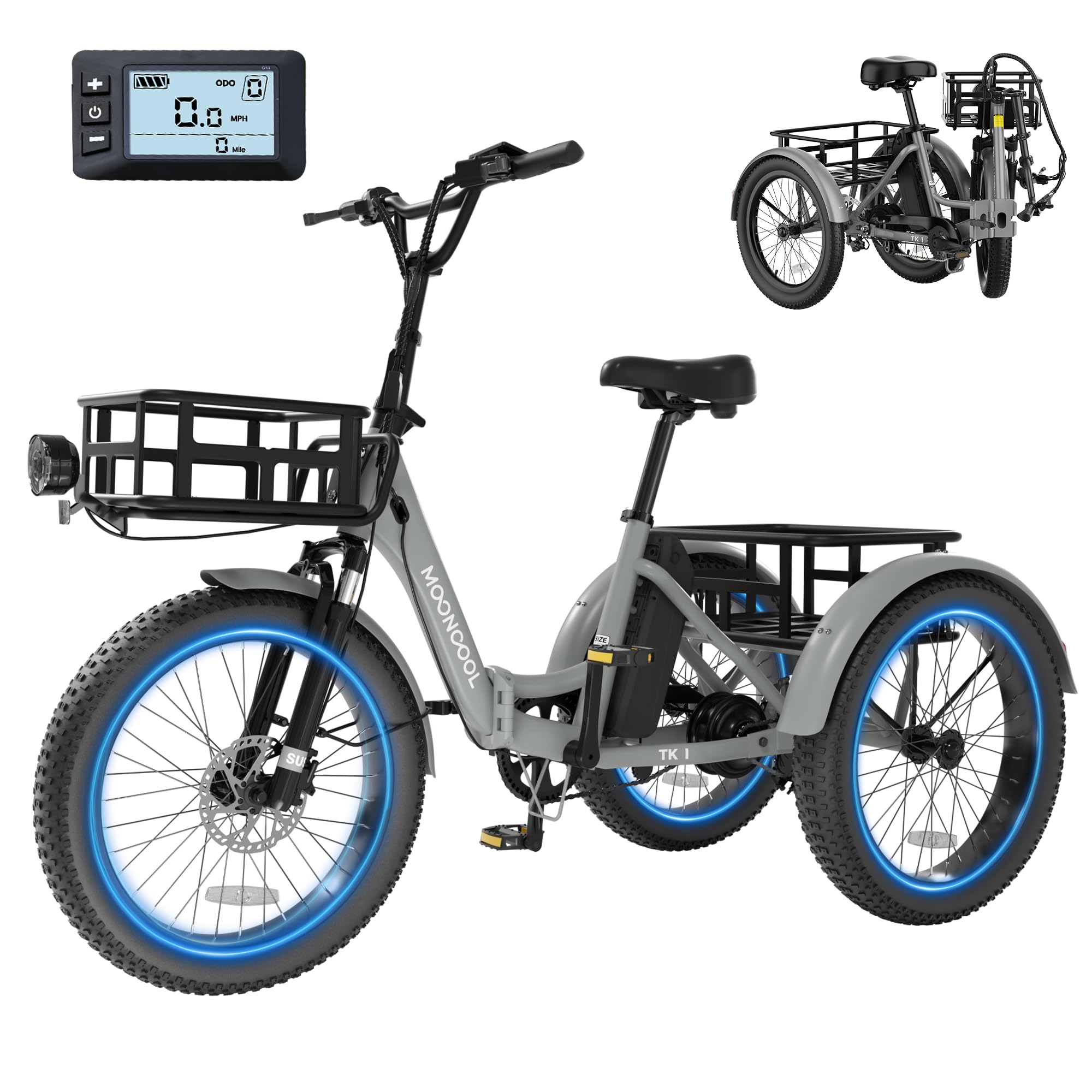 MOONCOOL Electric Tricycle for Adults, 500W/750W 48V Folding Electric Trike Peak Power 1100W, 20"x3.0" Fat Tire 3 Wheel Ebike, Aluminum Adult Tricycle with Removable Battery, Rear Differential