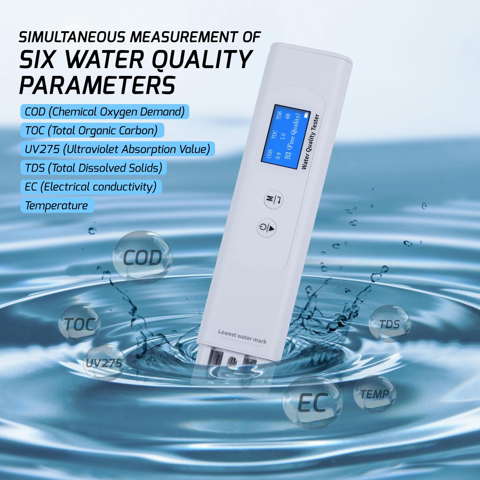 Eau Qualité Mètre 6 en 1 Paramètres DCO, COT, UV275, TDS, EC et Température Couleur Écran Afficher Rétroéclairage Indicateur Imperméable Eau Test Trousses avec Intelligent Notation Mode