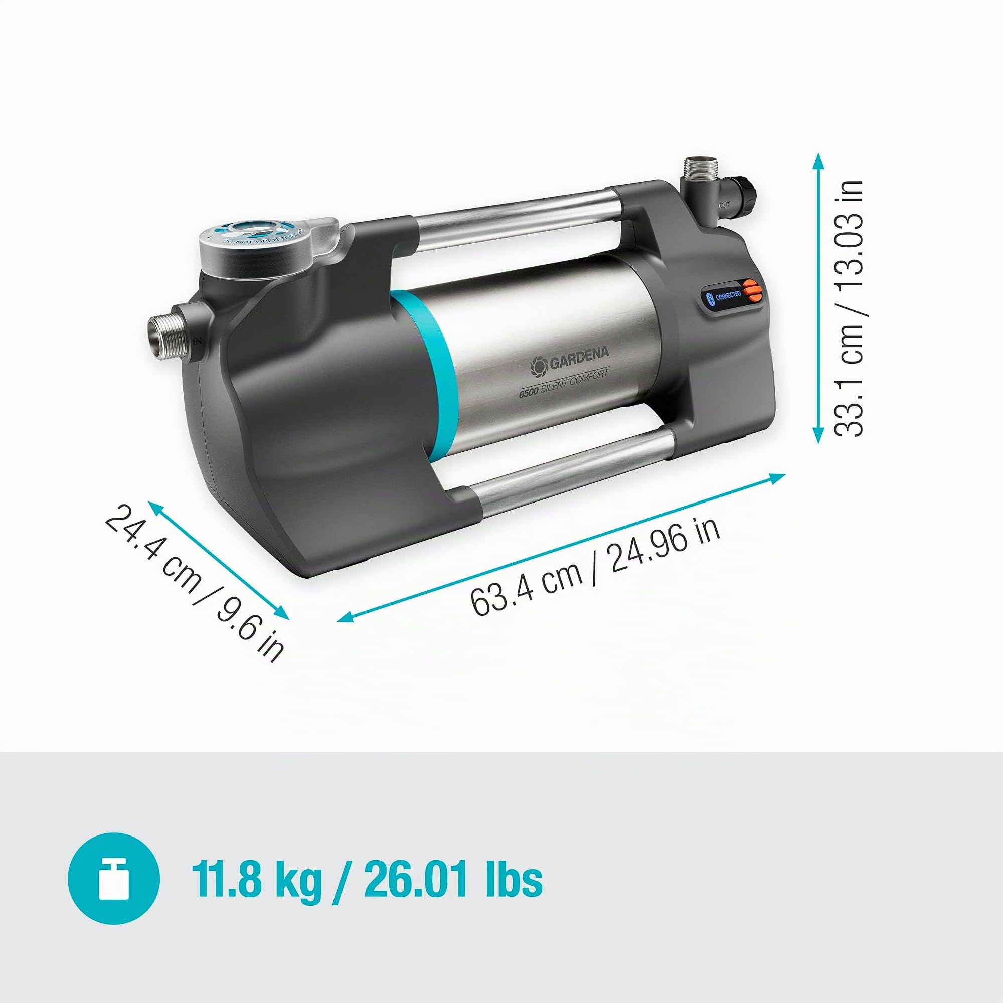 Gardena bomba de jardín 6500 SilentComfort: Bomba de riego extrasilenciosa accionada por app, caudal de 6500 l/h, seguro contra func. seco, acero inoxidable, bajo consumo e impermeable (9059-20)