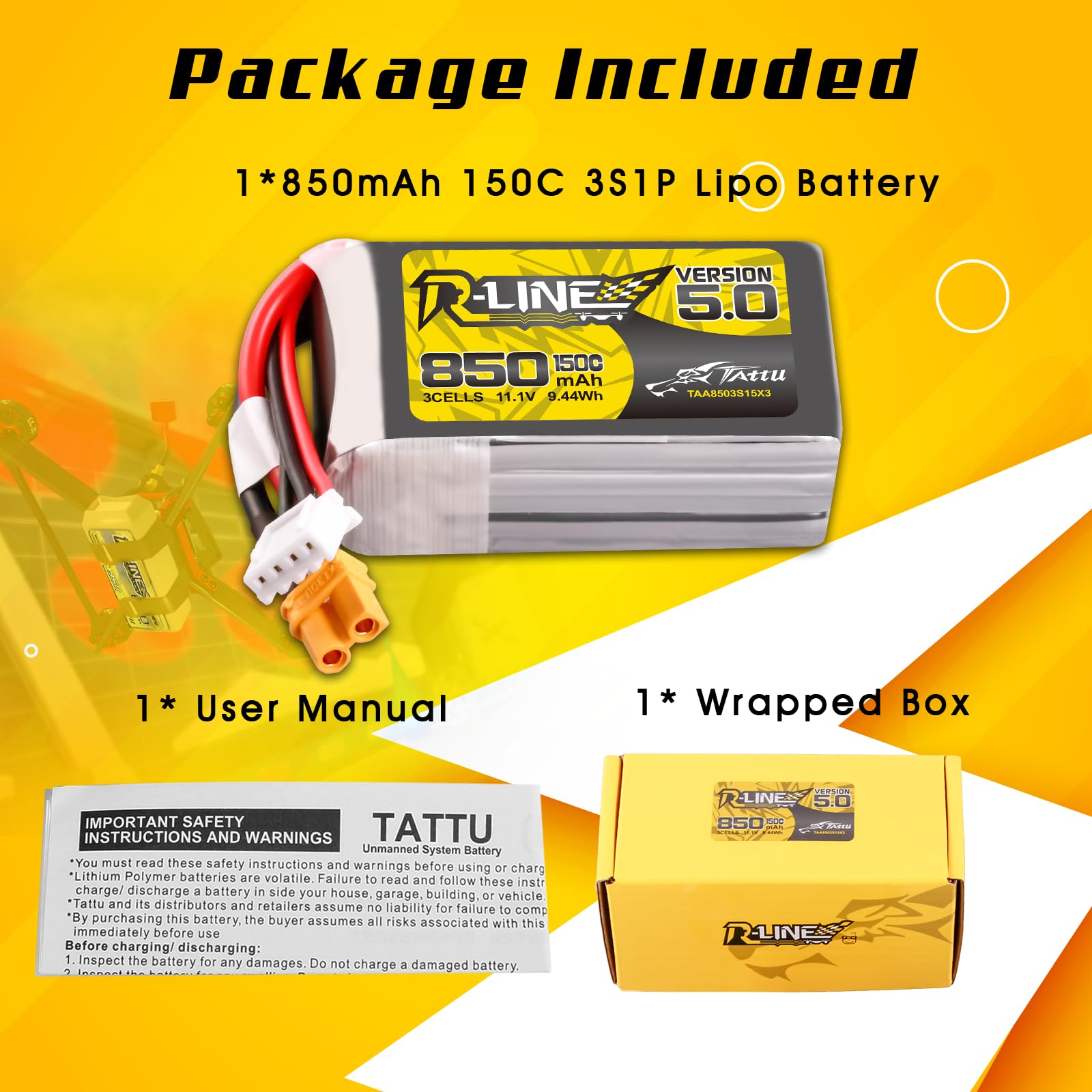 TATTU 3S Lipo akumulator 850 mAh 11,1 V 150C 3S1P bateria z wtyczką XT30 do dronów FPV o średnicy od 3 do 5 cali