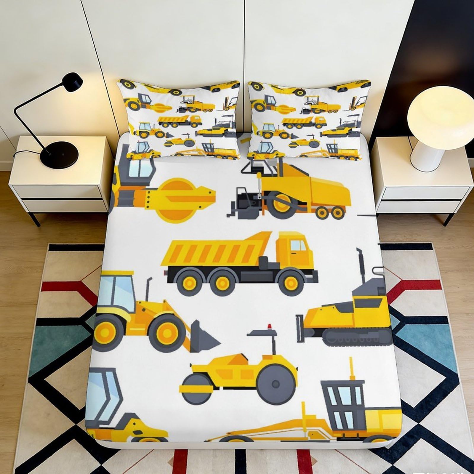 3D Printed Construction Vehicles Fitted Sheet Microfiber Durable Soft 3D Printed Heavy Machinery Mattress Cover for Bedroom Dormitory Guest Room Protection 140x200x25cm