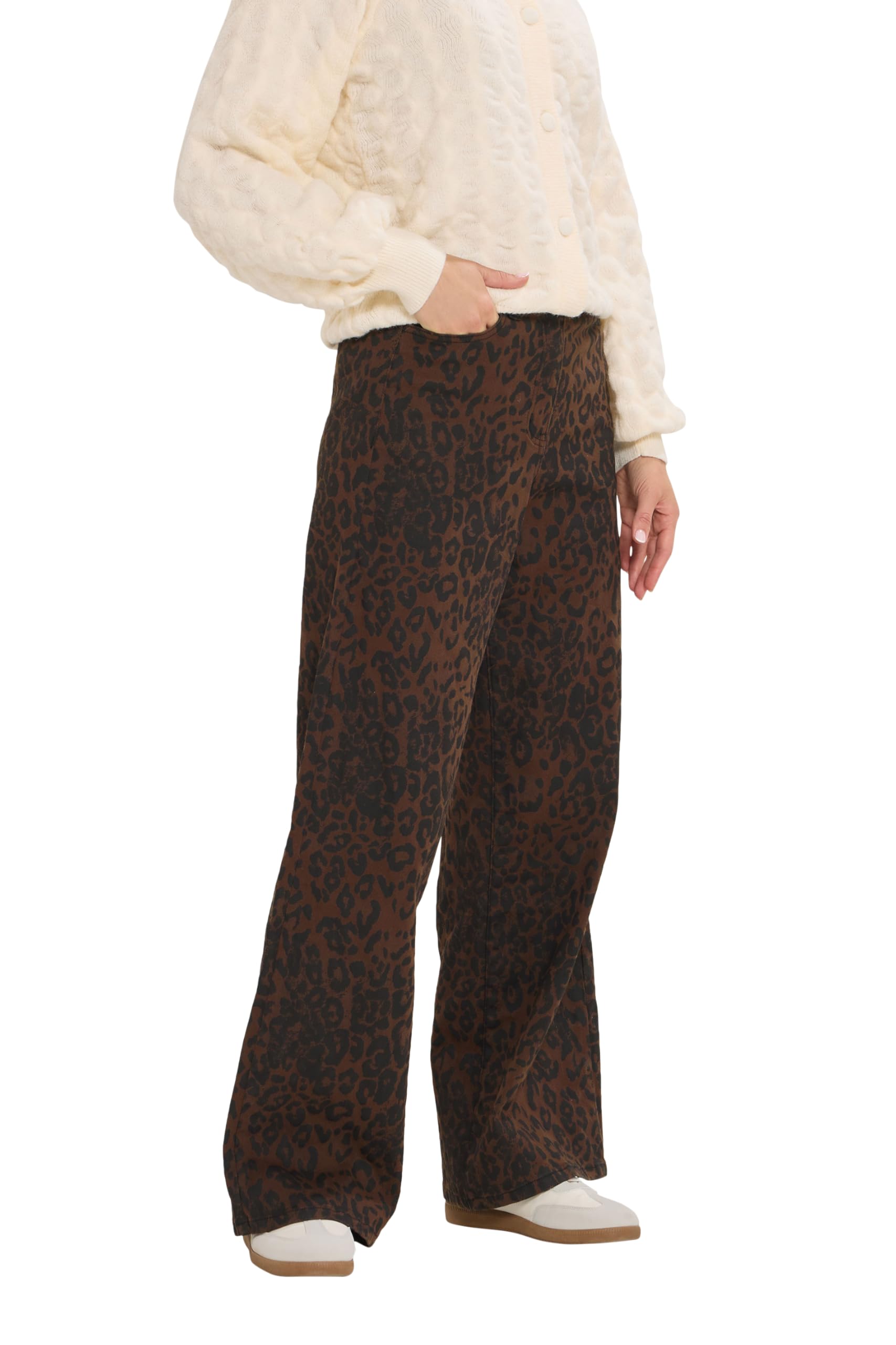 Lts Women's Brown Tall Chocolate Leopard Print Wide Leg Jeans Size 14
