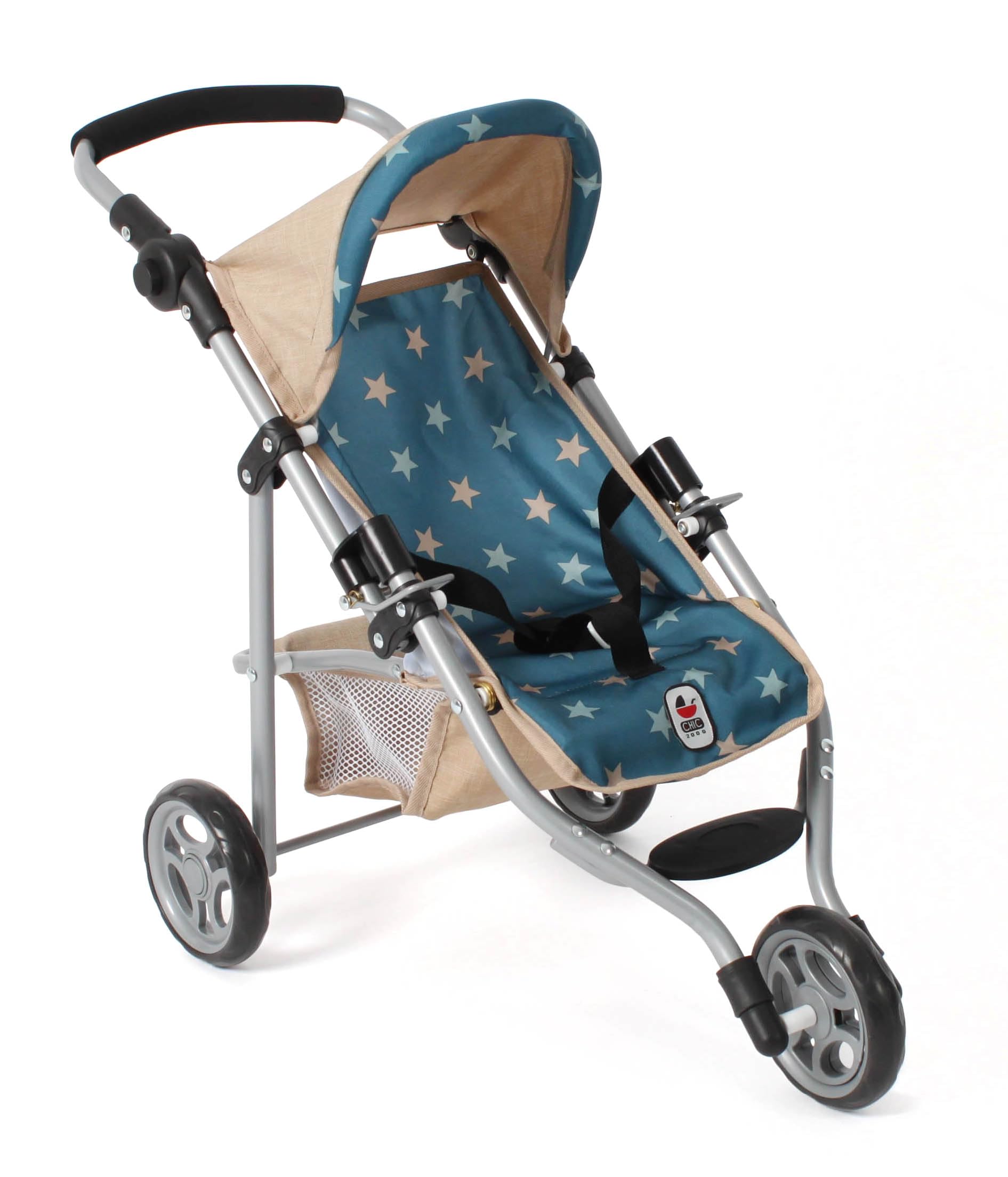 Bayer Chic 2000 - Lola Doll's Buggy, Pushchair for Dolls up to approx. 50 cm Size, Jogging Buggy, Doll Jogger, Doll's Pram, Stars Beige/Turquoise
