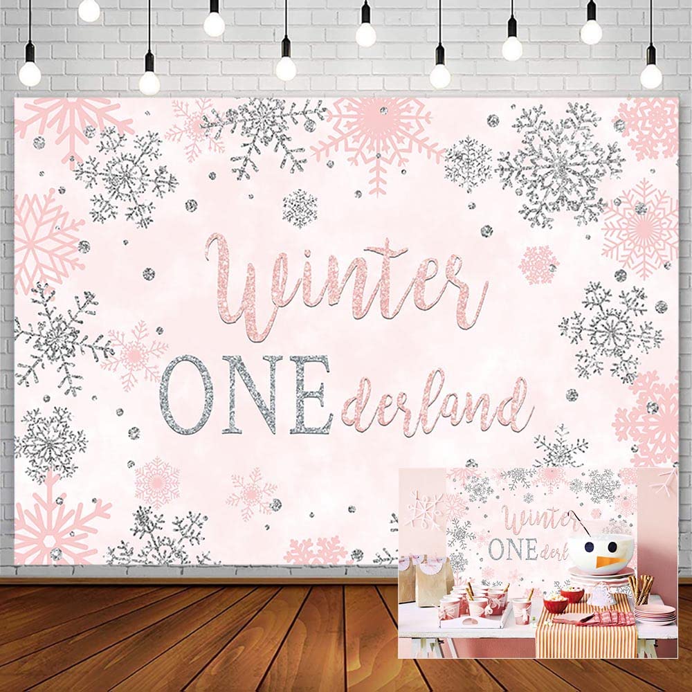 Photo 1 of 8x6ft Winter Onderland Backdrop for Girl Happy 1st Birthday Party Decorations Supplies Pink and Silver Little Snowflake