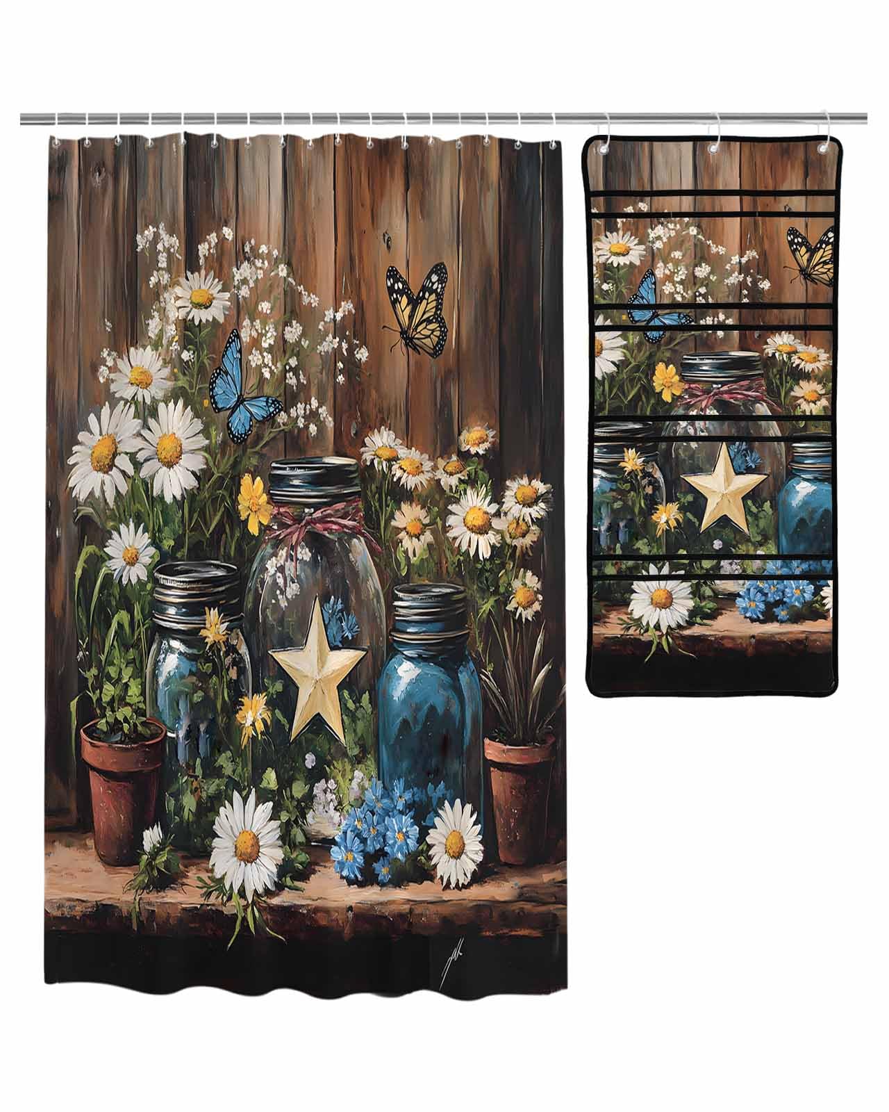 ZFUNCING Shower Curtain Mesh Shower Organizer Set Vintage Star Butterfly Daisy Bottle Waterproof Bath Curtains Hanging Shower Caddy