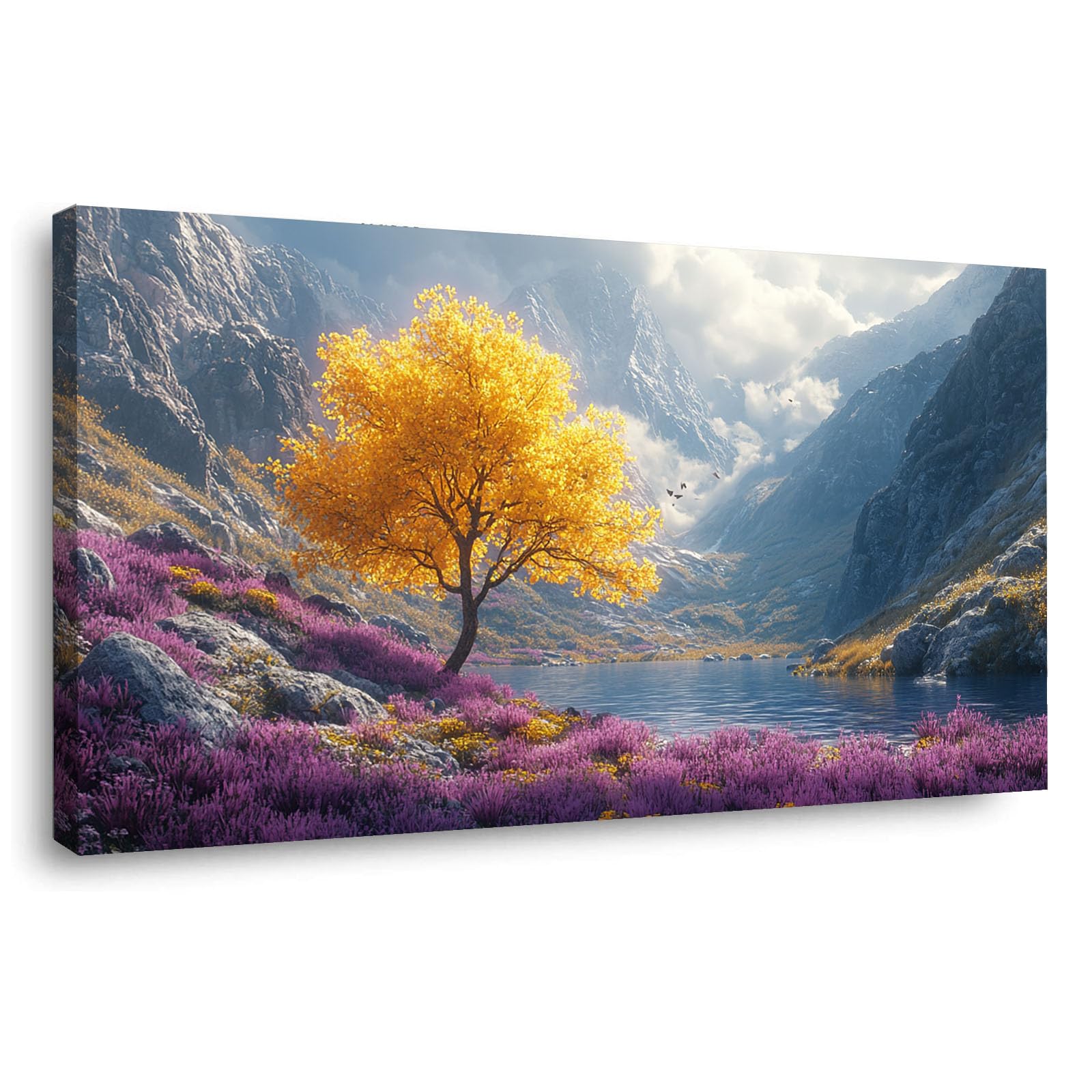 TERUEA Cuadros Decorativos Modernos Floral Brillante Árbol Amarillo Lago Flores Púrpuras Montaña Cuadros Decoracion Salon yoga femenino flor salud Lienzos decorativos（Amarillo-40x80cm Enmarcado