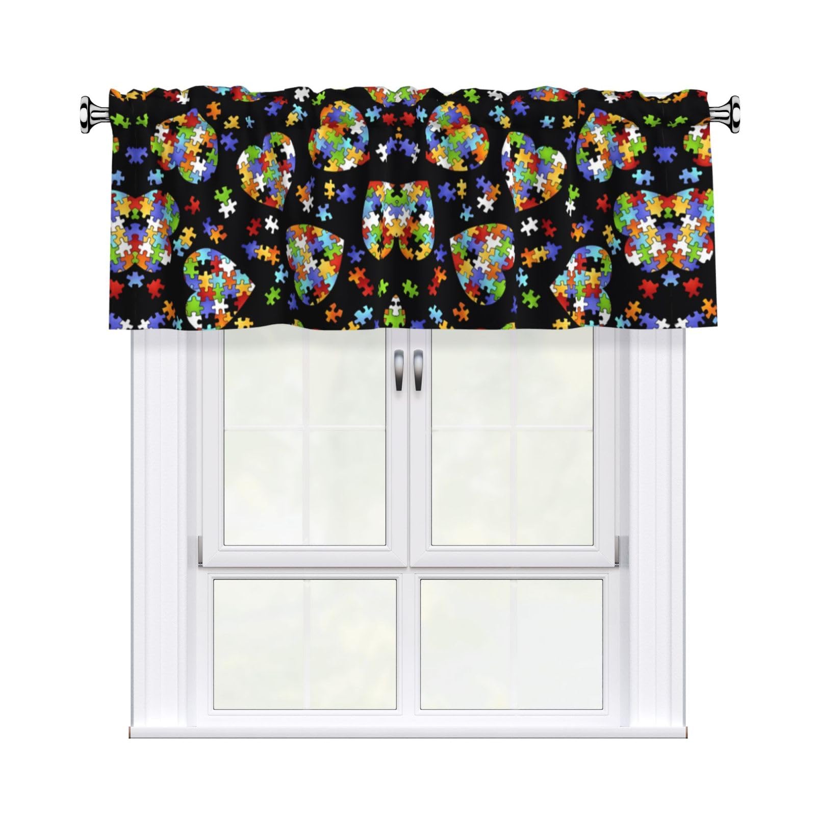 WHJSSF Autism Awareness Puzzle Pieces Heart Prints Housewarming Gift – Peach Skin Window Valance 54x18 for a Cozy Kitchen Refresh