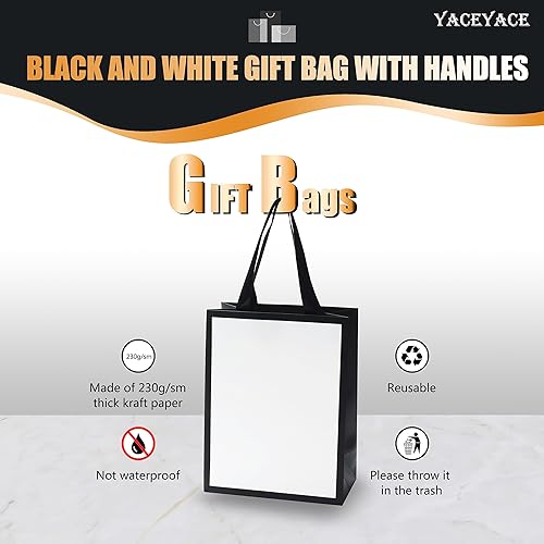Miniatura 5 de Bolsa de regalo, 10 unidades de 5.25 x 3.75 x 8 pulgadas, blanco y negro, reciclable, papel de estraza de estraza, asas de cinta, paquete a granel,