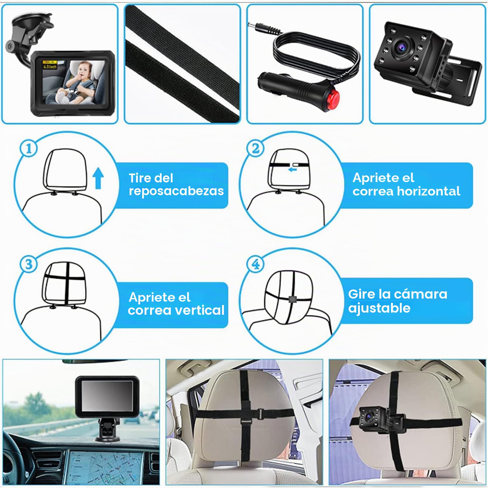 Cámara de coche para bebé HD 1080p con espejo, pantalla de 4.3 pulgadas, visión nocturna y gran angular de 150°, cámara trasera inalámbrica con monitor, monitor de seguridad para babyphone, Plug