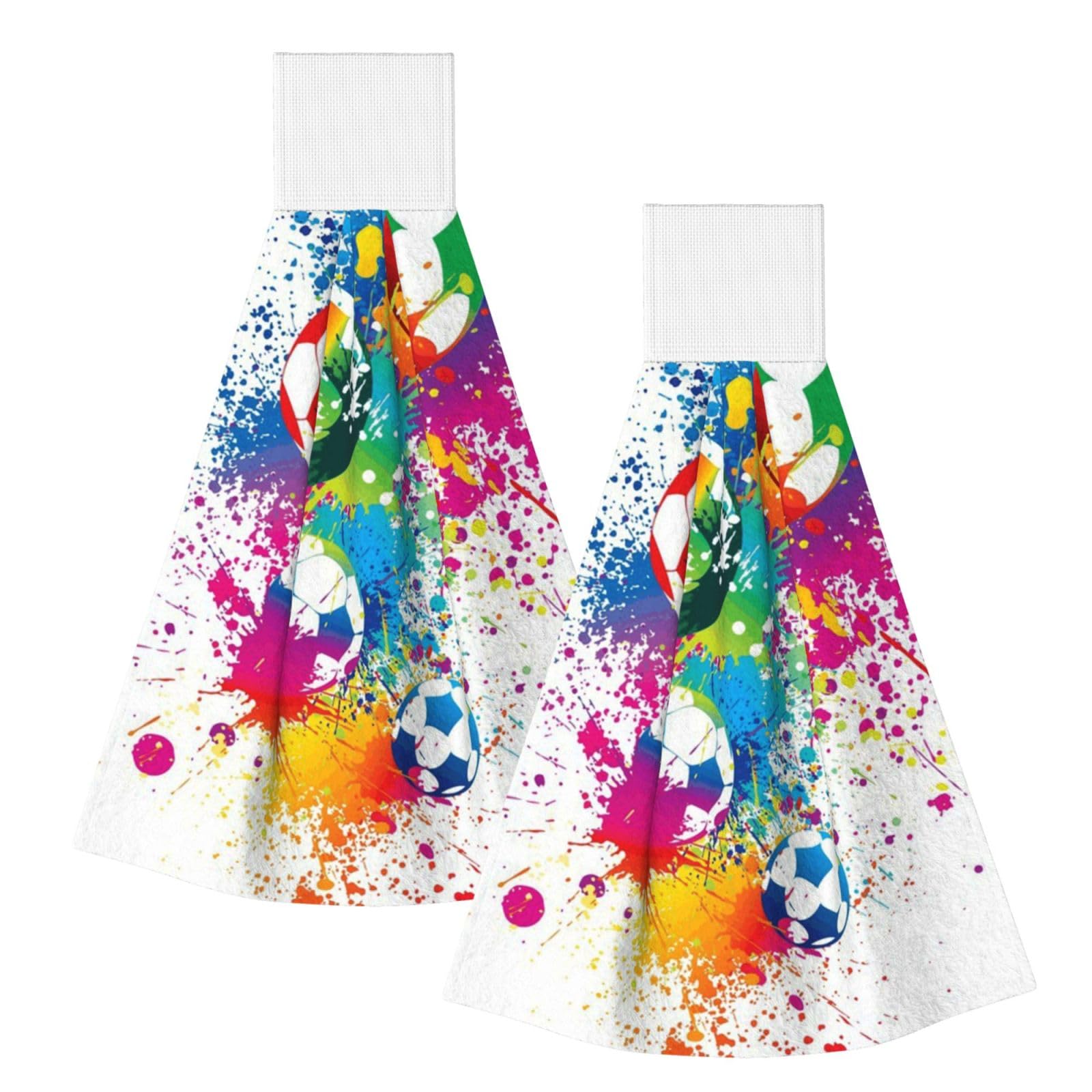 DOPKLNA Colored Splashes All Over The Soccer, 2 Pcs Hanging Coral Fiber Hand Towels for Bathroom, Absorbent Kitchen Towels