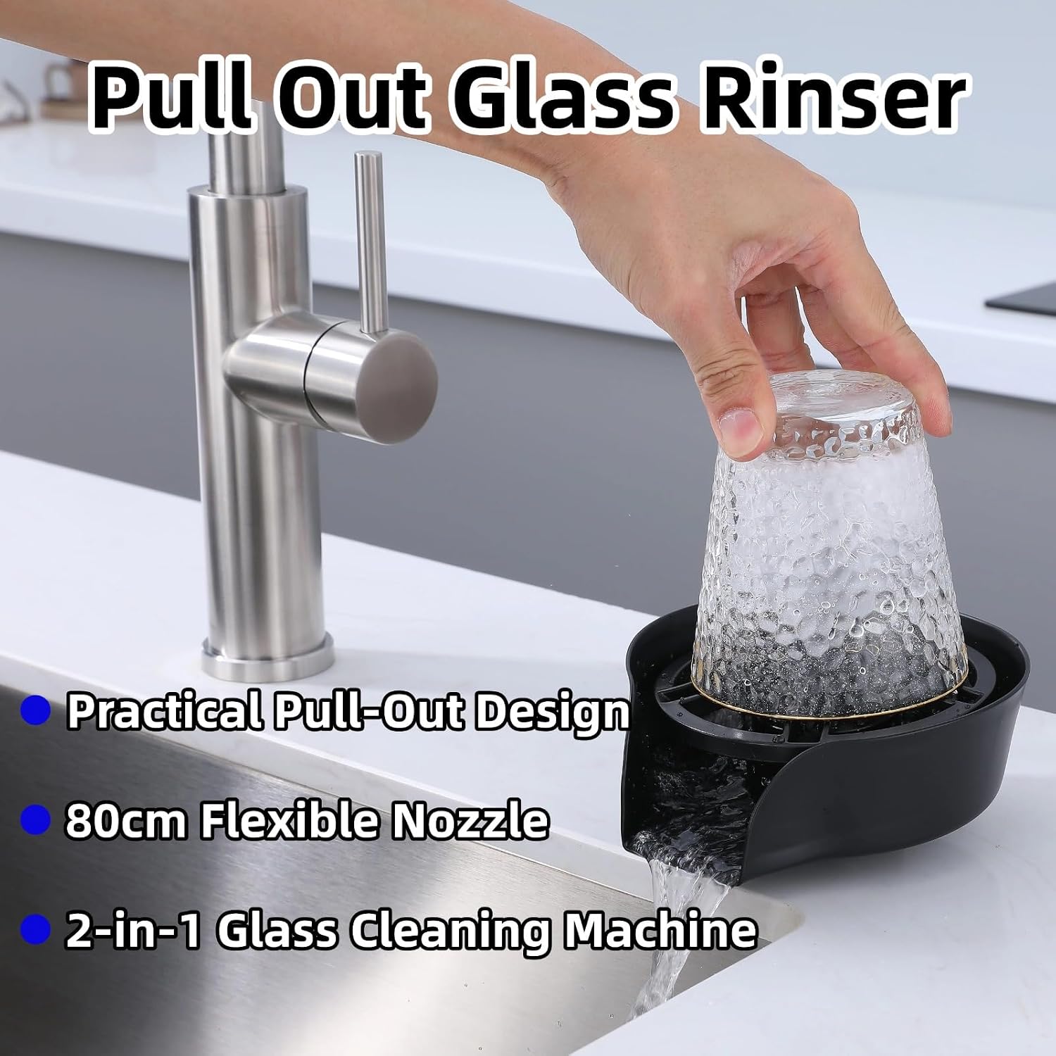 Glass Rinser for Kitchen Sink, Stainless Steel Cup Washer, Cup Cleaner, Bottle Washer, Bar Sink Attachment, Pull Out Sprayer, 360 Degree Rotating Spout Glass Rinser