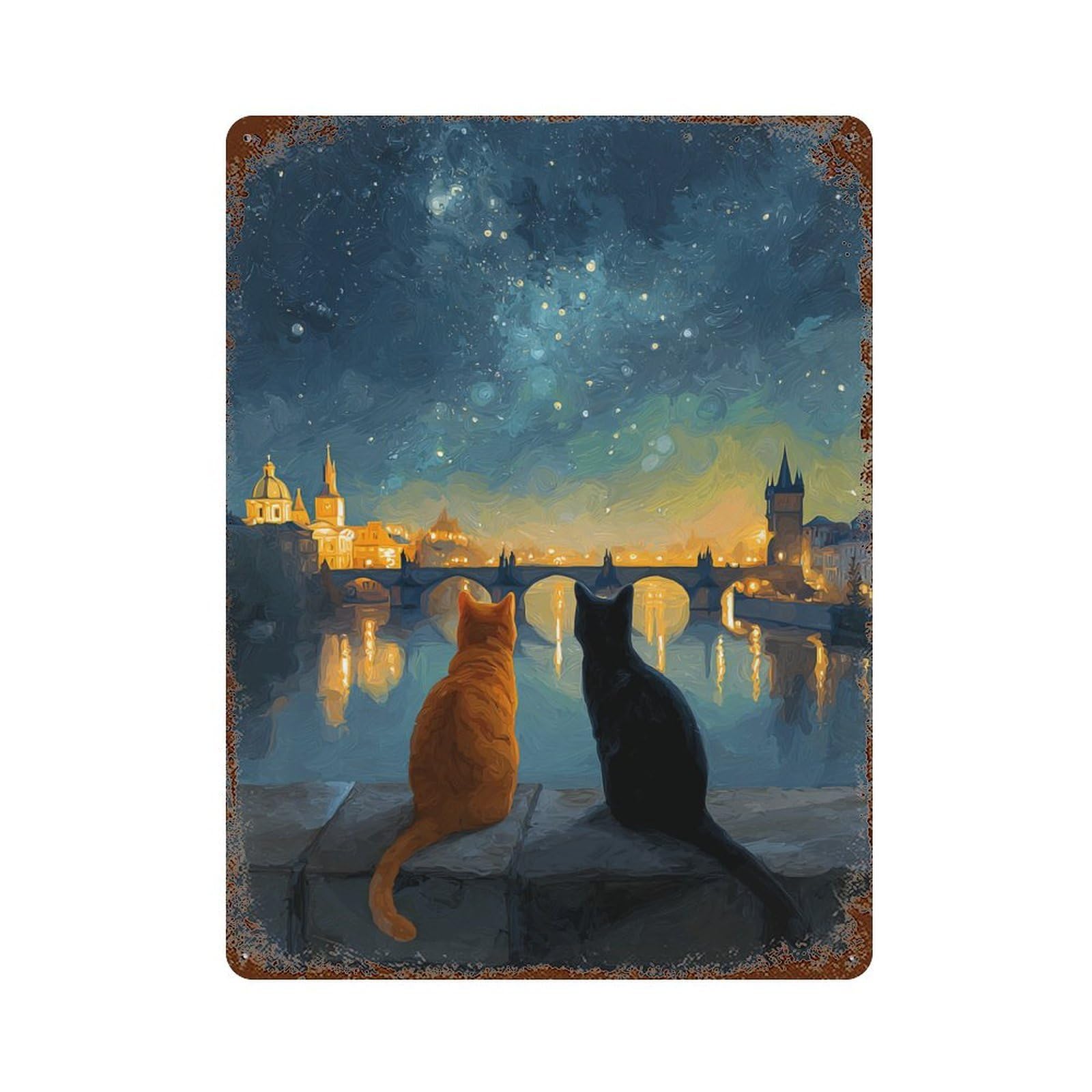 Night Cityscape with Cats Retro Metal Sign 15.7"x11.8", Decorative Metal Wall Art for Basement, Hobby Room And Garage Decor