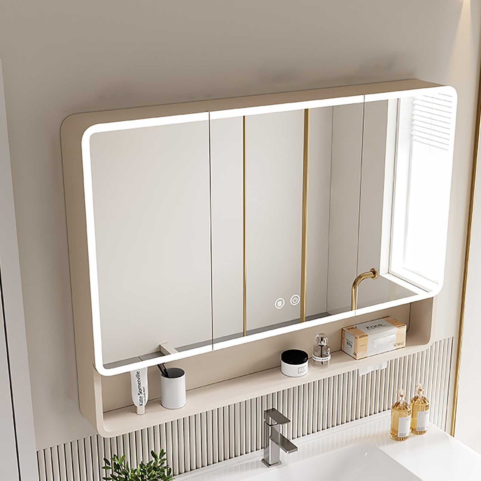FGXHHS Modern Lighted with Storage | Anti-Fog Medicine Cabinet Wall-Mounted Vanity nizer Beige 39.3in/100cm Stylish Rack