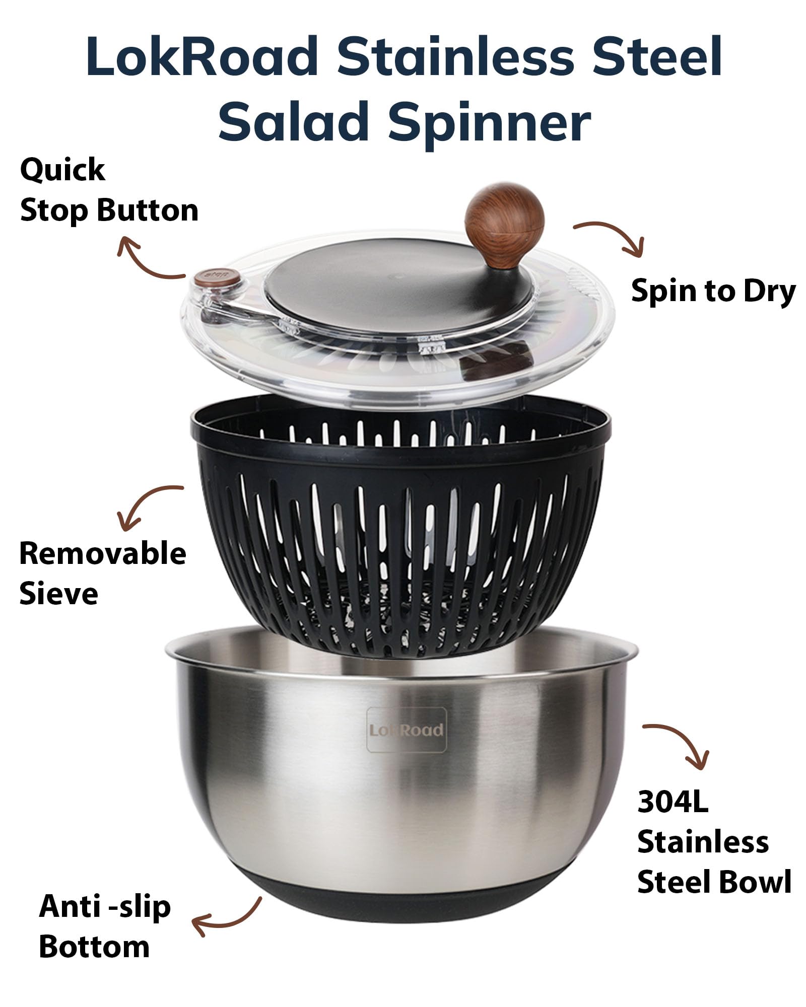 Essoreuse à salade en acier inoxydable, grand nettoyeur de laitue et de légumes avec fond antidérapant, bouton d'arrêt rapide, passe au lave-vaisselle, sans BPA, noir
