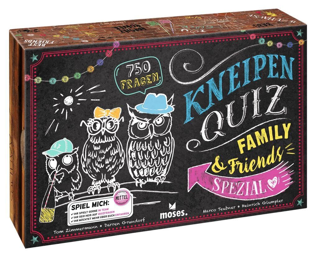 moses 90381 Pub Quiz Family & Friends Special, Pub, Game for the Whole Family in 3 Difficulty Levels, General Knowledge Quiz from 12 Years with 750 Tricky Questions