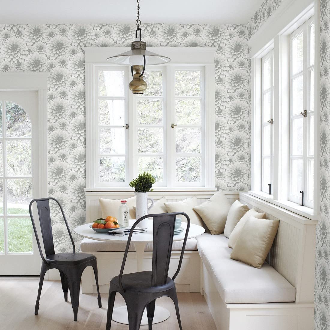 Papier peint vinyle dahlia nordique gris blanc salon chambre GAULAN 10m