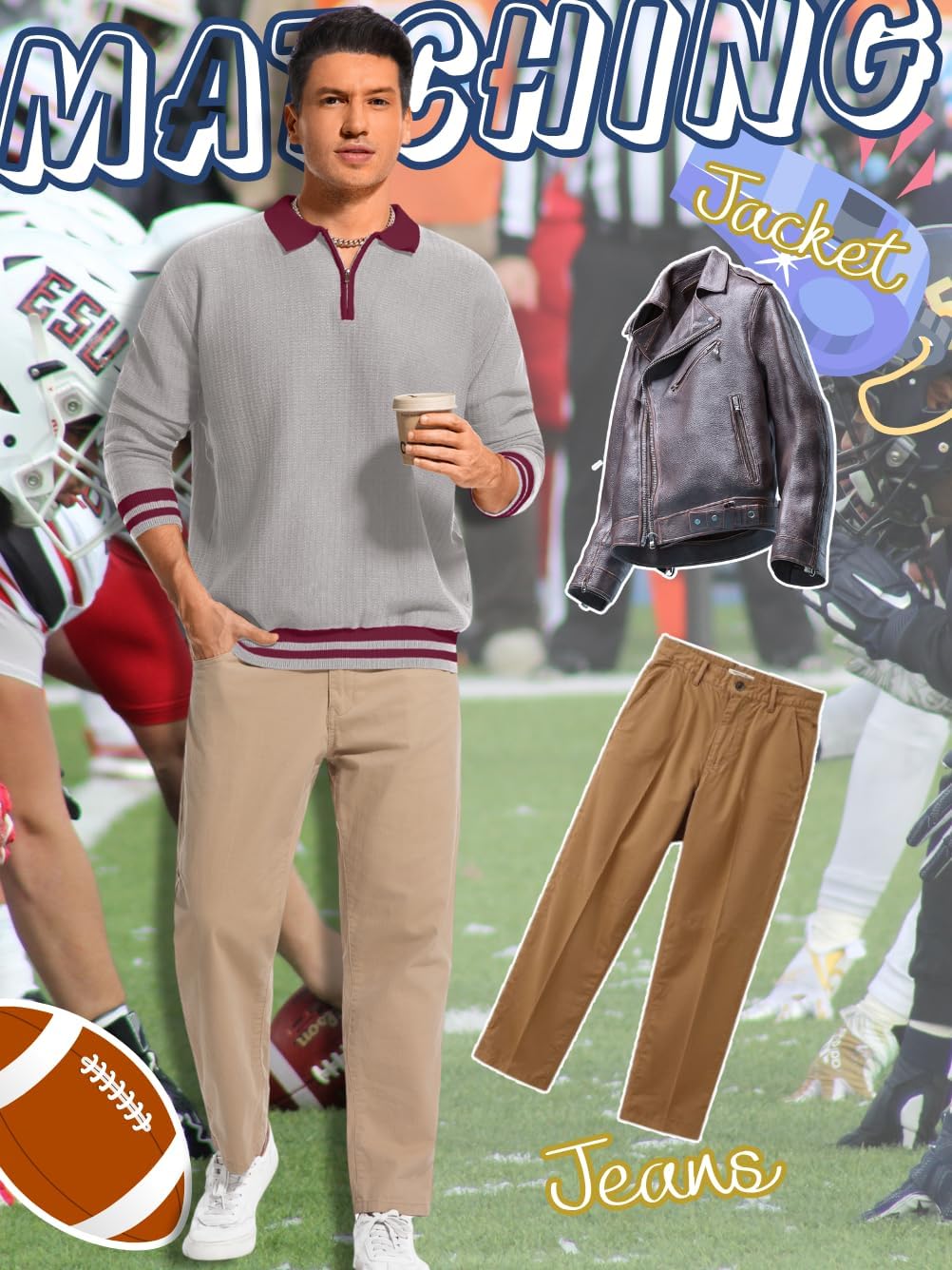 Men's Fashion Contrast Color Waffle Sweater, Quarter-Zip Collared Long Sleeve Pullover - Lightweight Loose Fit - Image 2