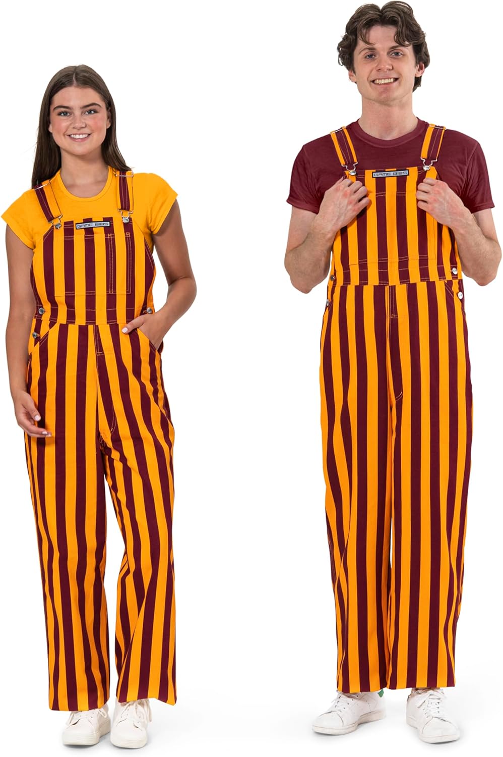 Game Bibs Maroon & Gold Adult Striped Game Day Overalls for Men and Women - Sporting Event and Tailgating Attire