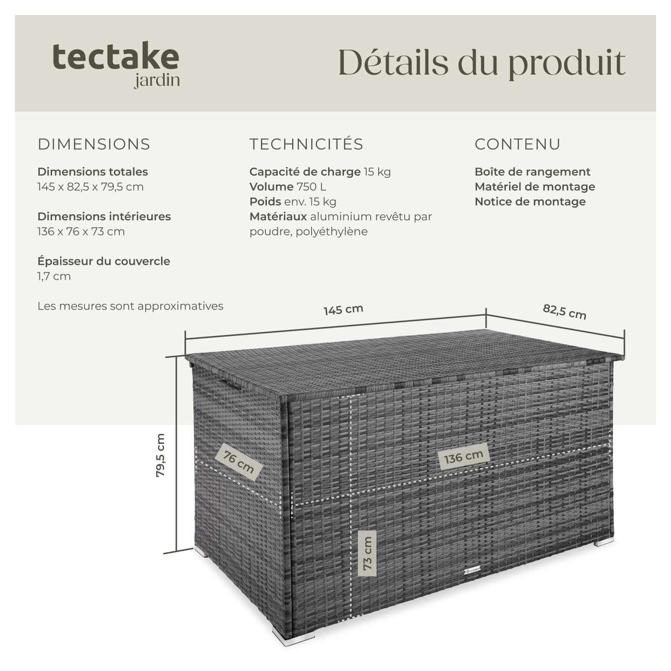 tectake® Coffre de jardin Exterieur, Coffre à Coussins 750 L en Aluminium Polyrotin 145 x 82,5 x 79,5 cm, Couvercle Rabattable, Poignées pour Rangement des Outils de Jardin, Jouets