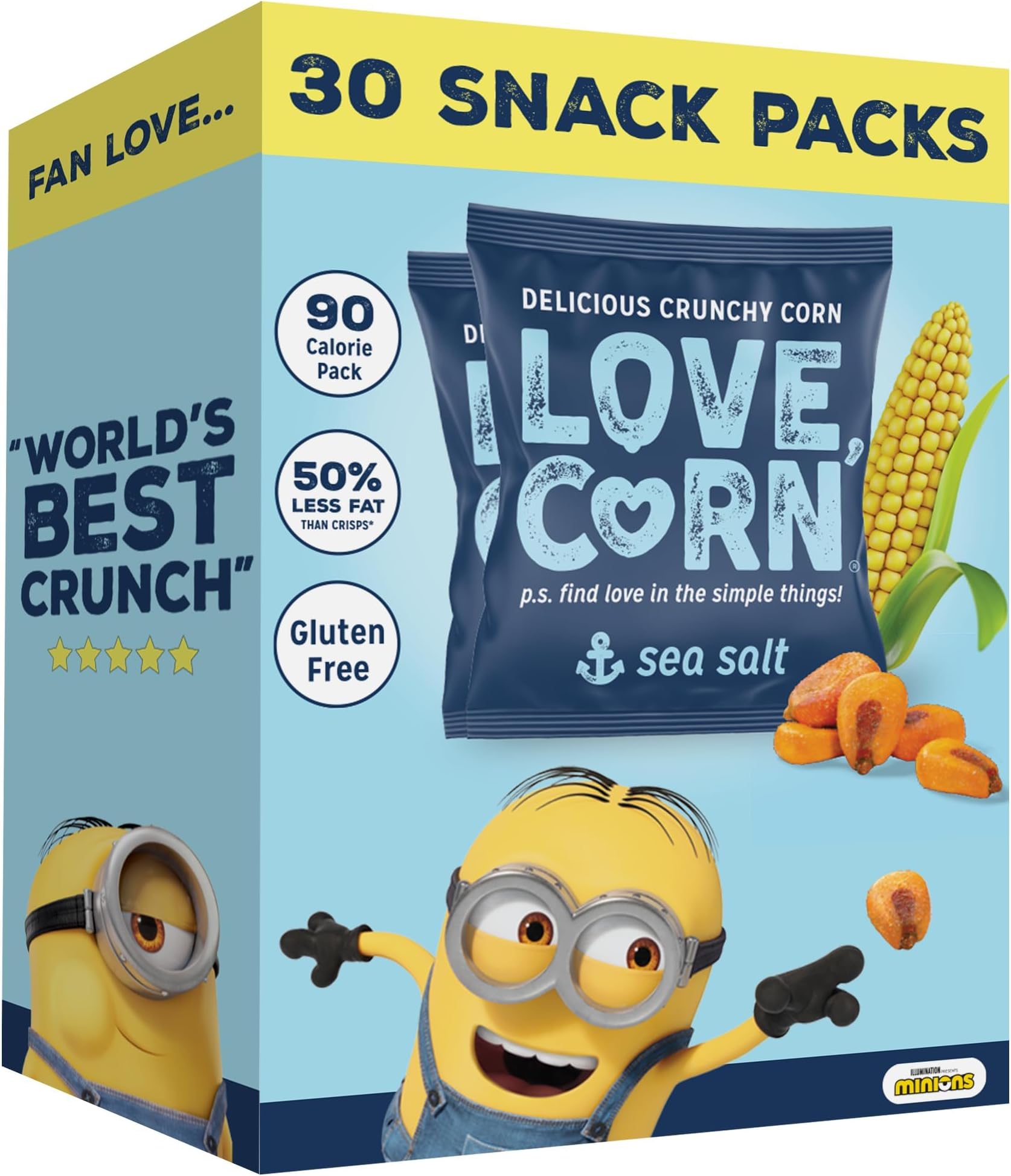 LOVE CORN Sea Salt Limited Edition Minions Crunchy Corn Lunchbox Snack | 30 x 20g Bags | Healthy Kids Snack Graze | Kosher, Vegan, Gluten-Free | Simple Ingredients, Low Sugar, Low Calories | UK Made