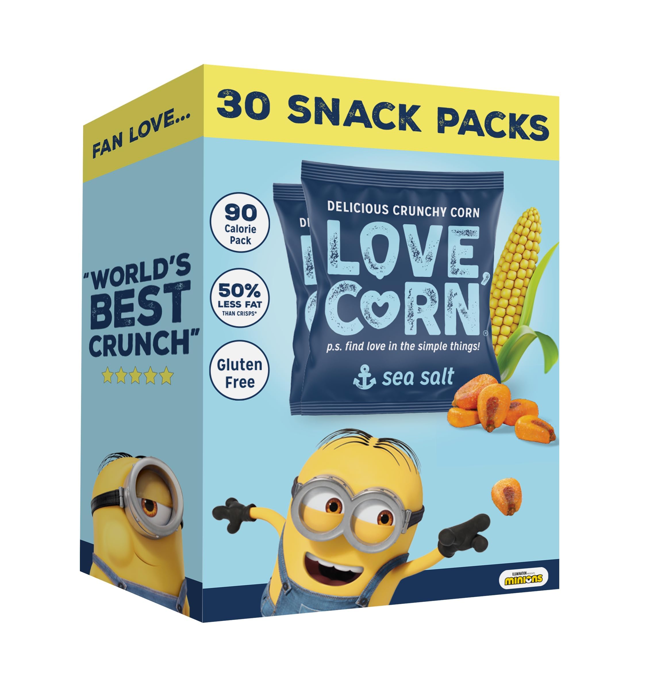 – LOVE CORN Sea Salt Limited Edition Minions Crunchy Corn Lunchbox Snack | 30 x 20g Bags | Healthy Kids Snack Graze | Kosher, Vegan, Gluten-Free | Simple Ingredients, Low Sugar, Low Calories | UK Made