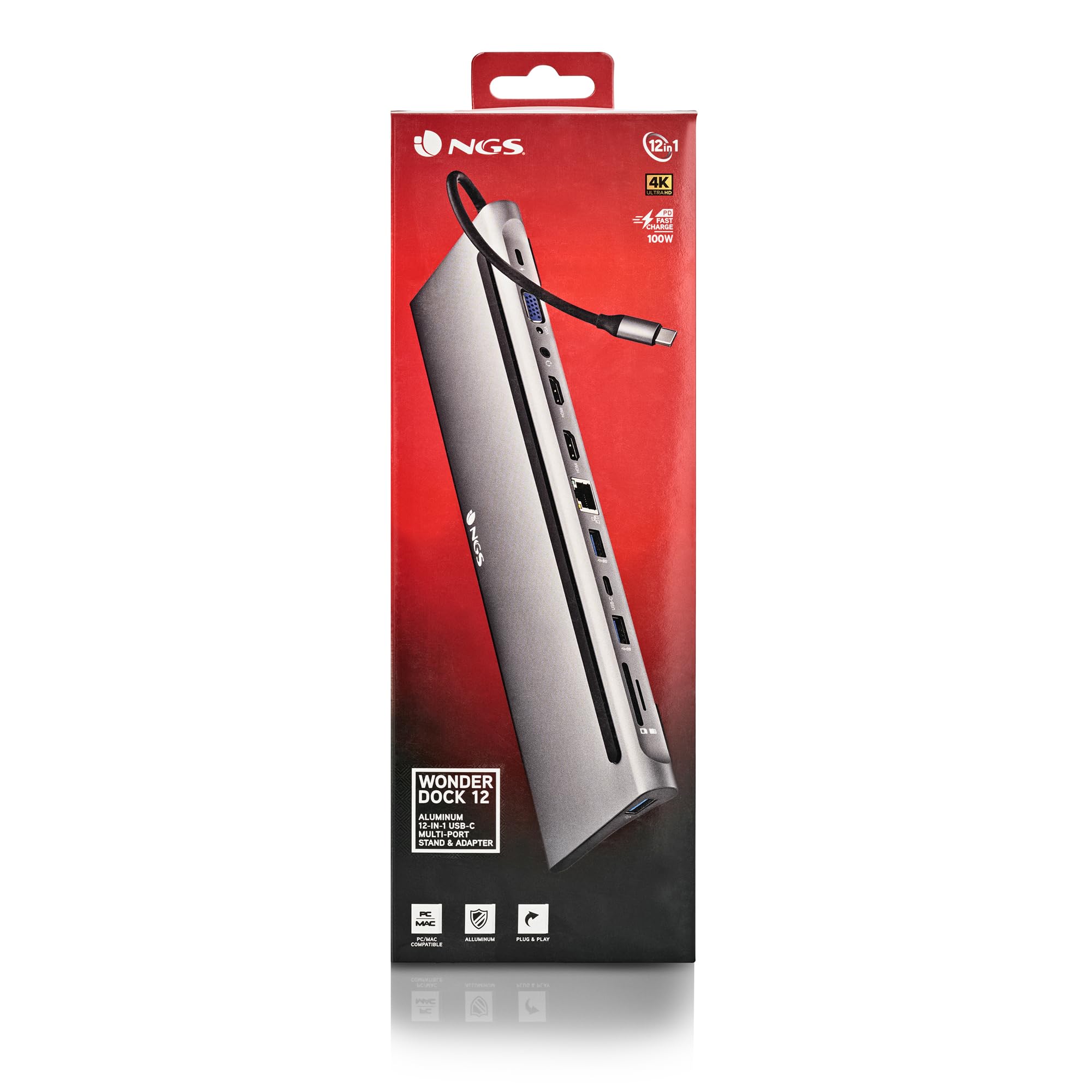 NGS Wonder Dock 12- Adaptador Multipuerto USB-C 12 en 1. Carga rápida | USB 2.0, 2x USB 3.0, 2x HDMI, VGA, entrada de audio, PD (Power Delivery), RJ45 (Ethernet), USB-C y ranura SD/TF