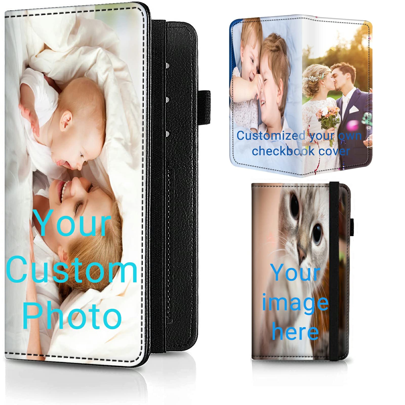 Customized PU Leather Checkbook Cover with Card Slot Pen Hoop, Personalized RFID Blocking Check Wallet for Women Men, Add Picture & Image & Photo &