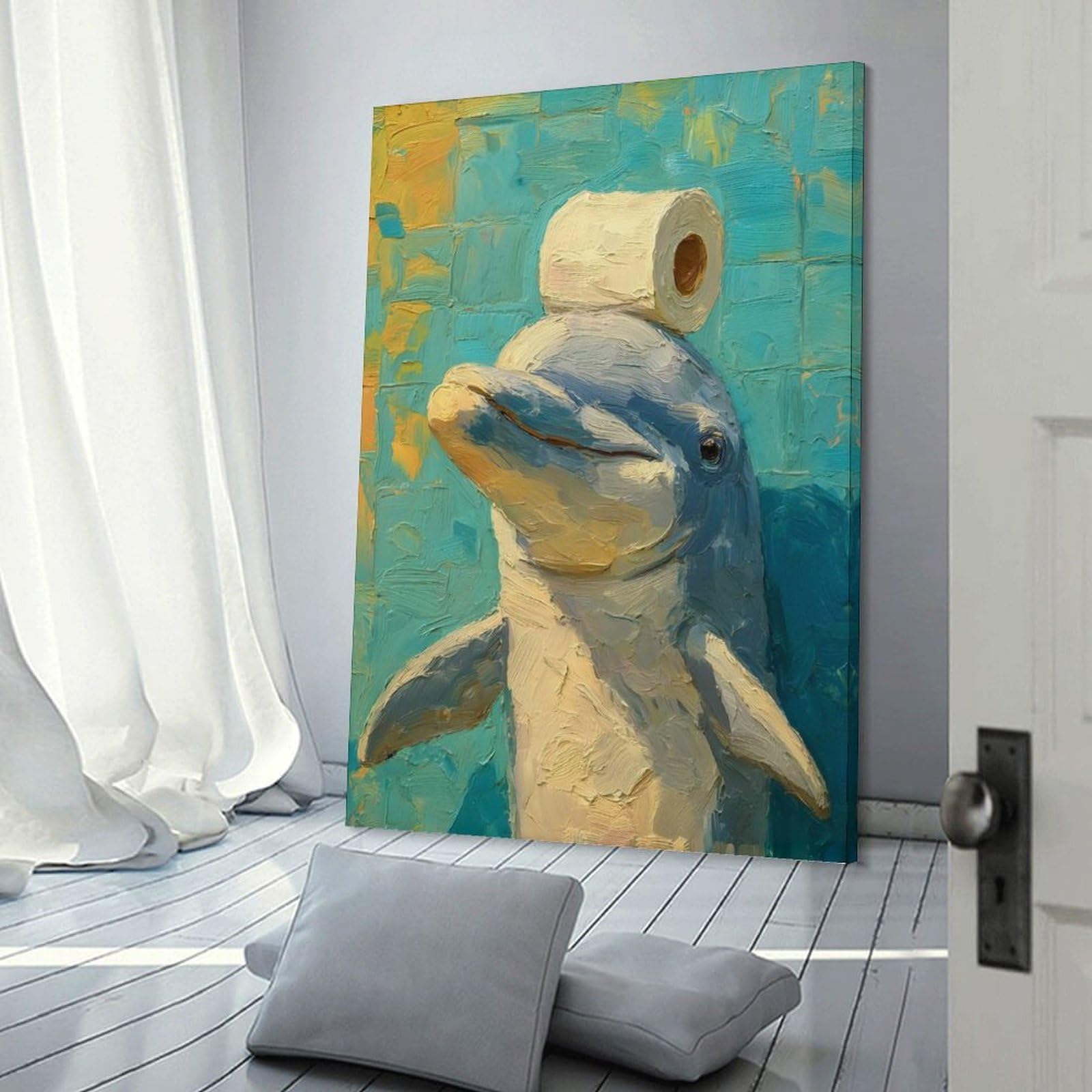 Junmoney Frame-Style-22 Dolphin With Toilet Paper Painting Canvas Art Print 16X24inch(40X60cm), For Calm Bedrooms, Home Corners Or Flats, An Easy Wall Refresh For Bedrooms