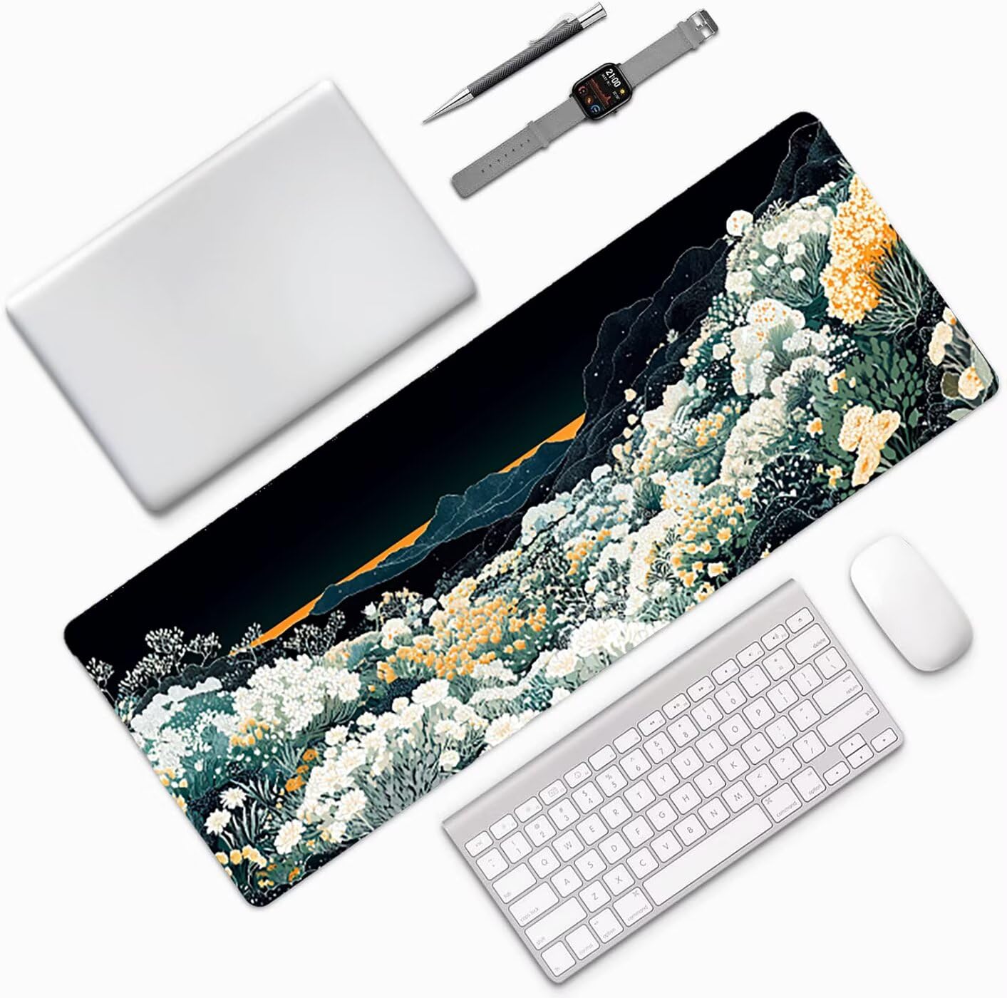 Lpfieonn Blume Großes Schreibtischunterlage, XXL Schreibtischunterlagen, Landschaft XXL Wasserdicht Gaming Mousepad mit Vernähter Rand und Rutschfeste Gummibasis, für Hause/Büro 120x60cm PF-2055