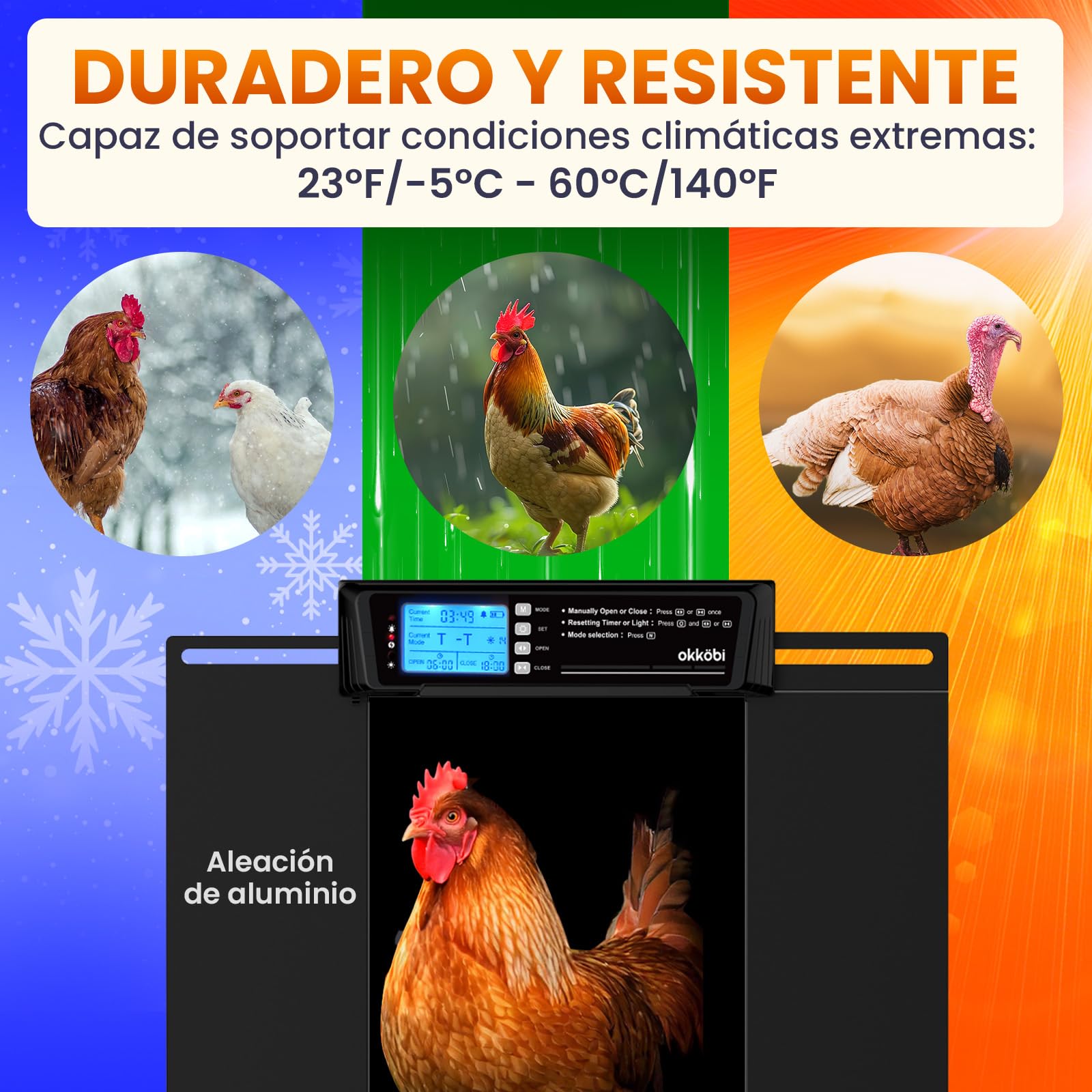 Puerta Gallinero Grande Automática Solar con Mando – Pantalla LCD, Sensor de Luz, Temporizador y Anti-pellizco – Apertura 28,7 x 22,1 cm – Protección 5 años – Negro - Okköbi