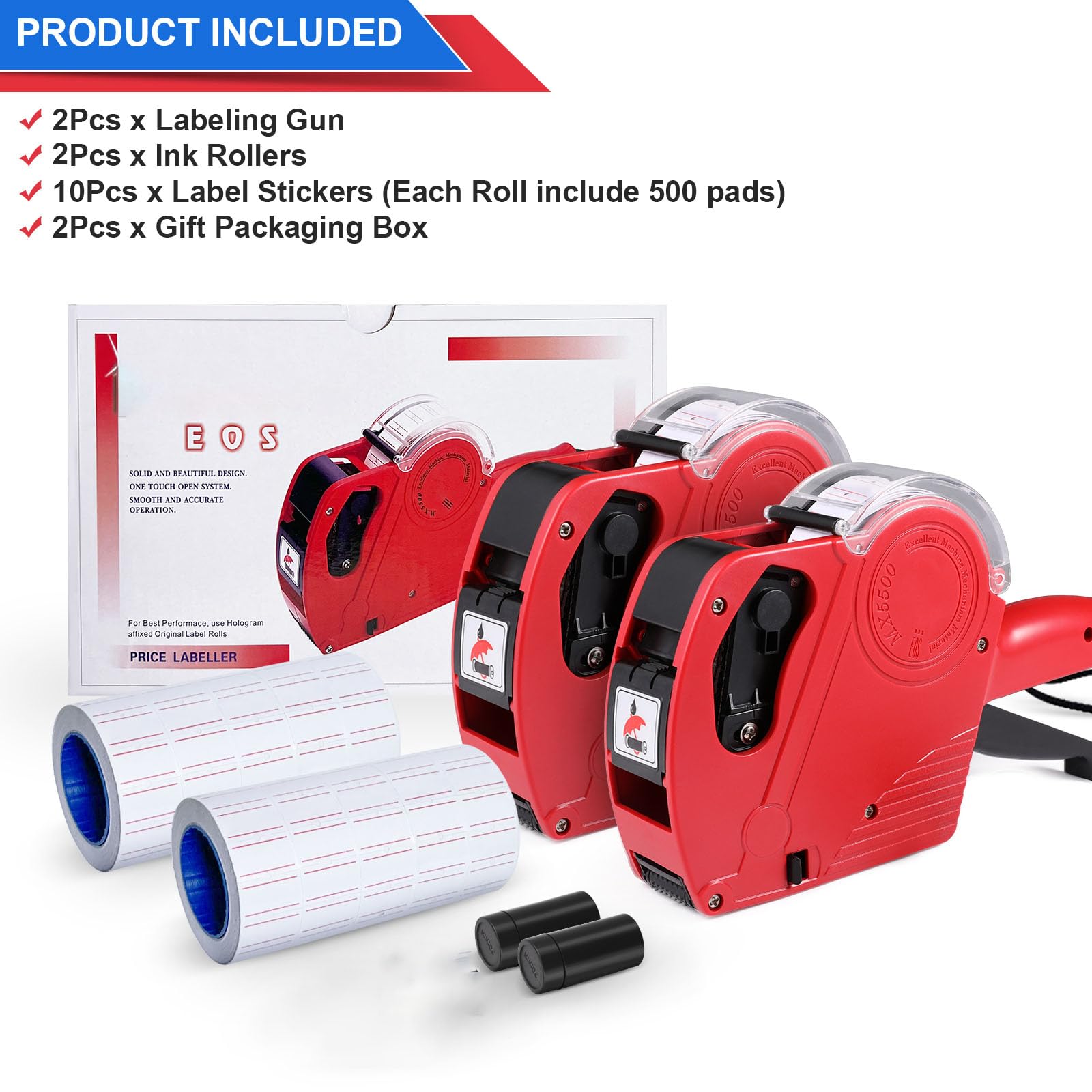 OunglyChoi 2 Packs Price Gun with 5000 Labels Red Pricing Label Gun Maker with Prices Labels & Ink Kit for Supermarket Groceries - Image 2