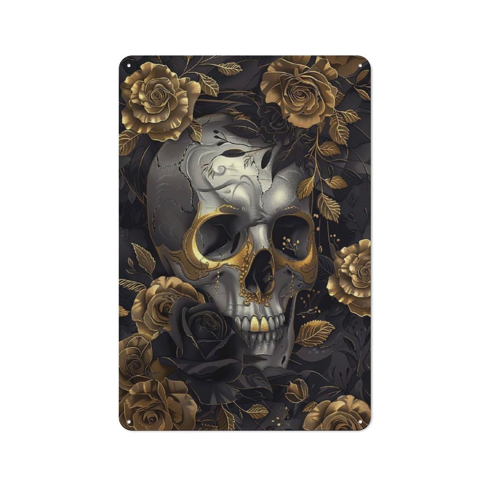 Junmoney Skull With Gold Roses Tin Wall Plaque 30X20cm With For Hobby Room Or Studio, New Home Wall Decor For Creative Interior Collectors