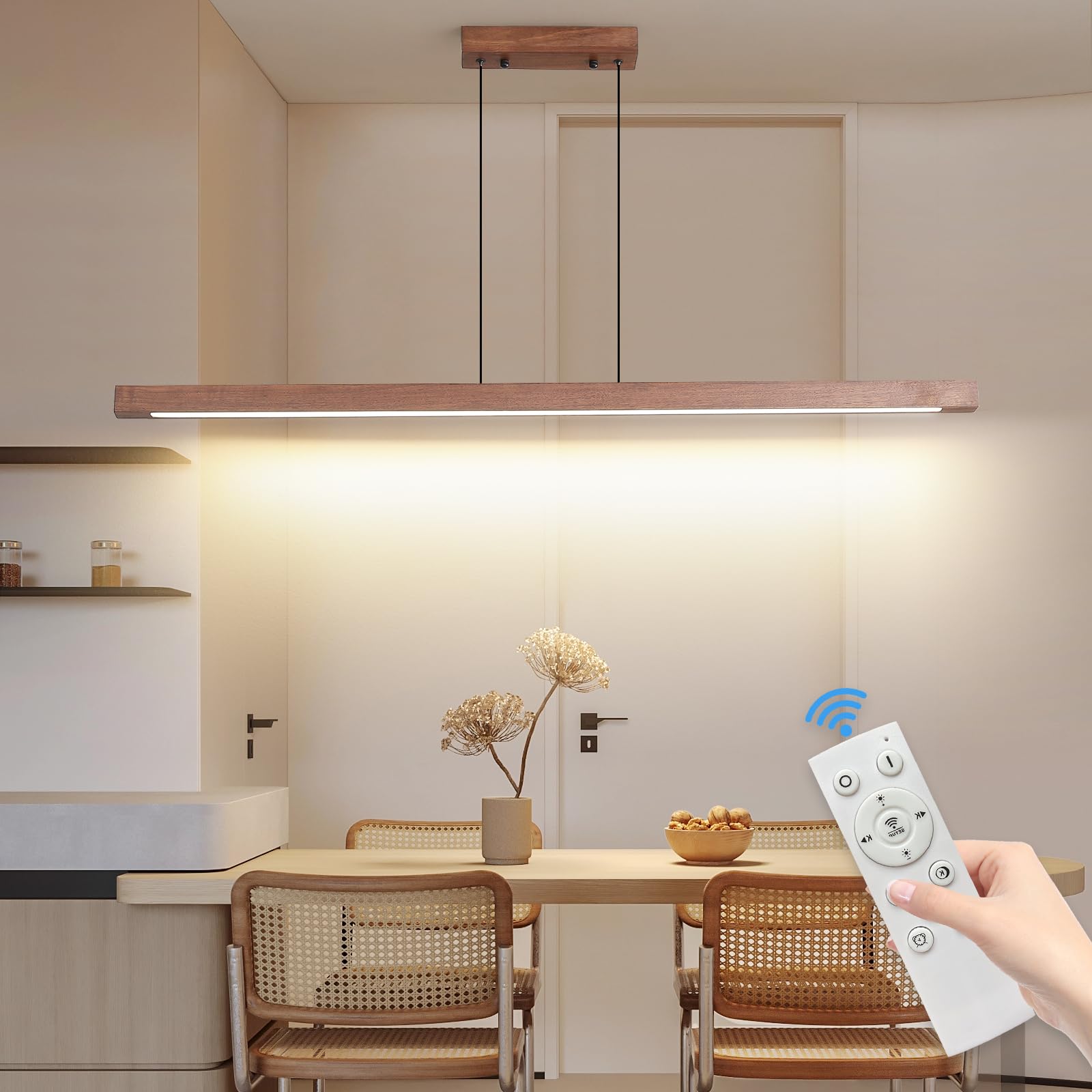 SHINELUX Dimmable Wood Pendant Light with Remote Control, 3 Light Colours 3000k 4500k 6500k for Bedroom, Living Room, Dining Room