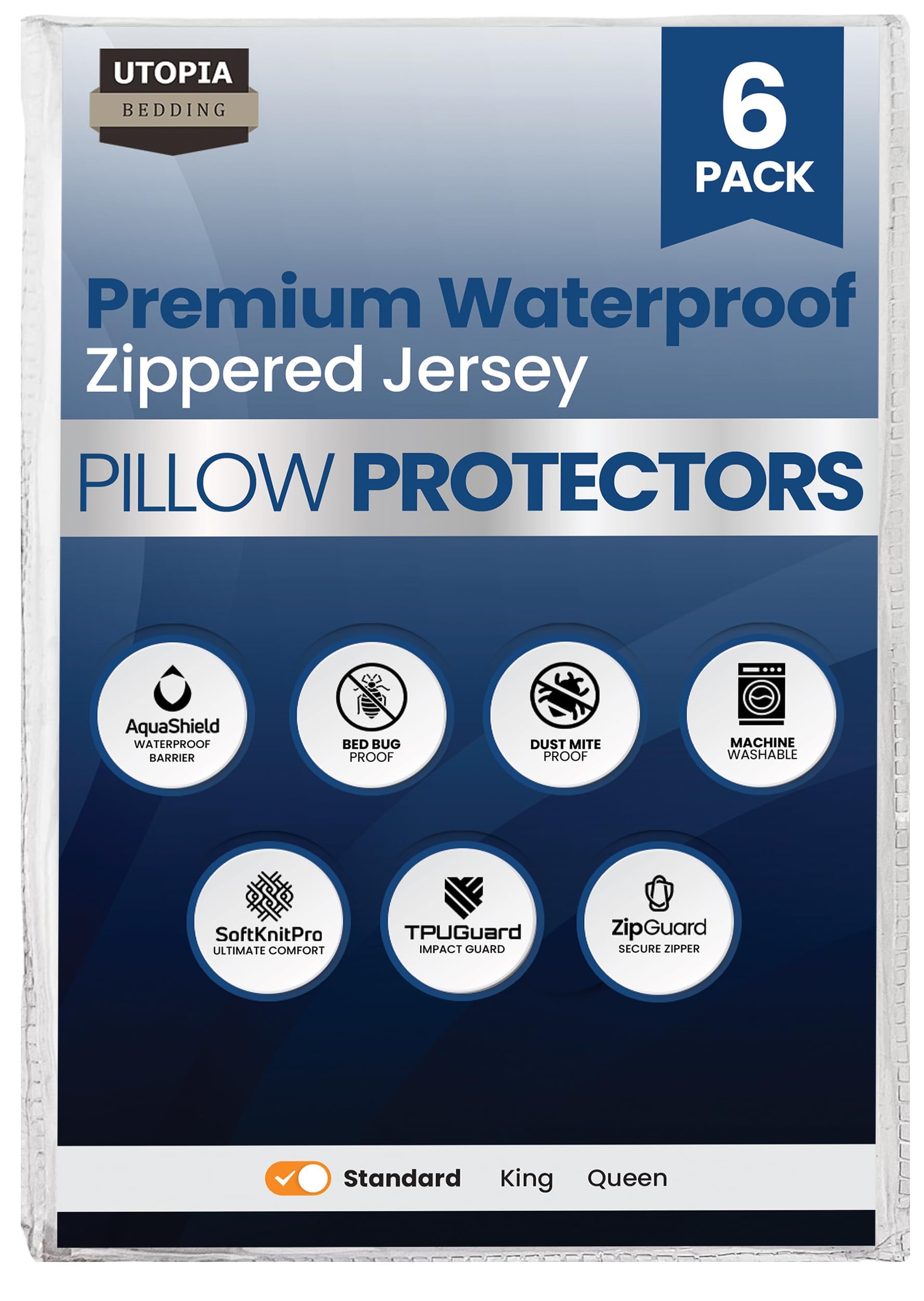 Utopia Bedding 6 Pack Waterproof Pillow Protectors with Zipper Standard Size (White), Bed Bug and Dust Mite Proof Pillow case Covers, Moisture Wicking Pillow Encasements 20 x 26 Inches