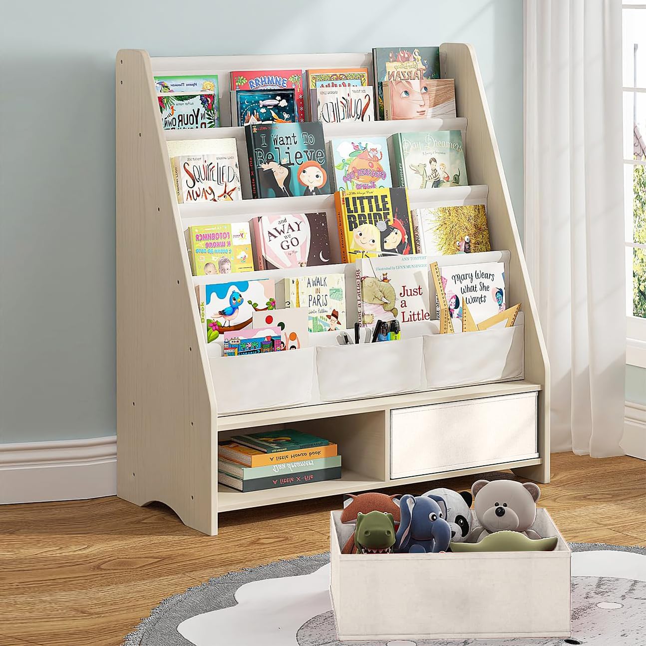 Madera Libreria Infantil,Estanteria Montessori,Estanteria Infantil,con 4 Compartimientos y 2 Organizador,para Habitación Infantil, Sala de Juegos y Guarderia,86x70x28cm