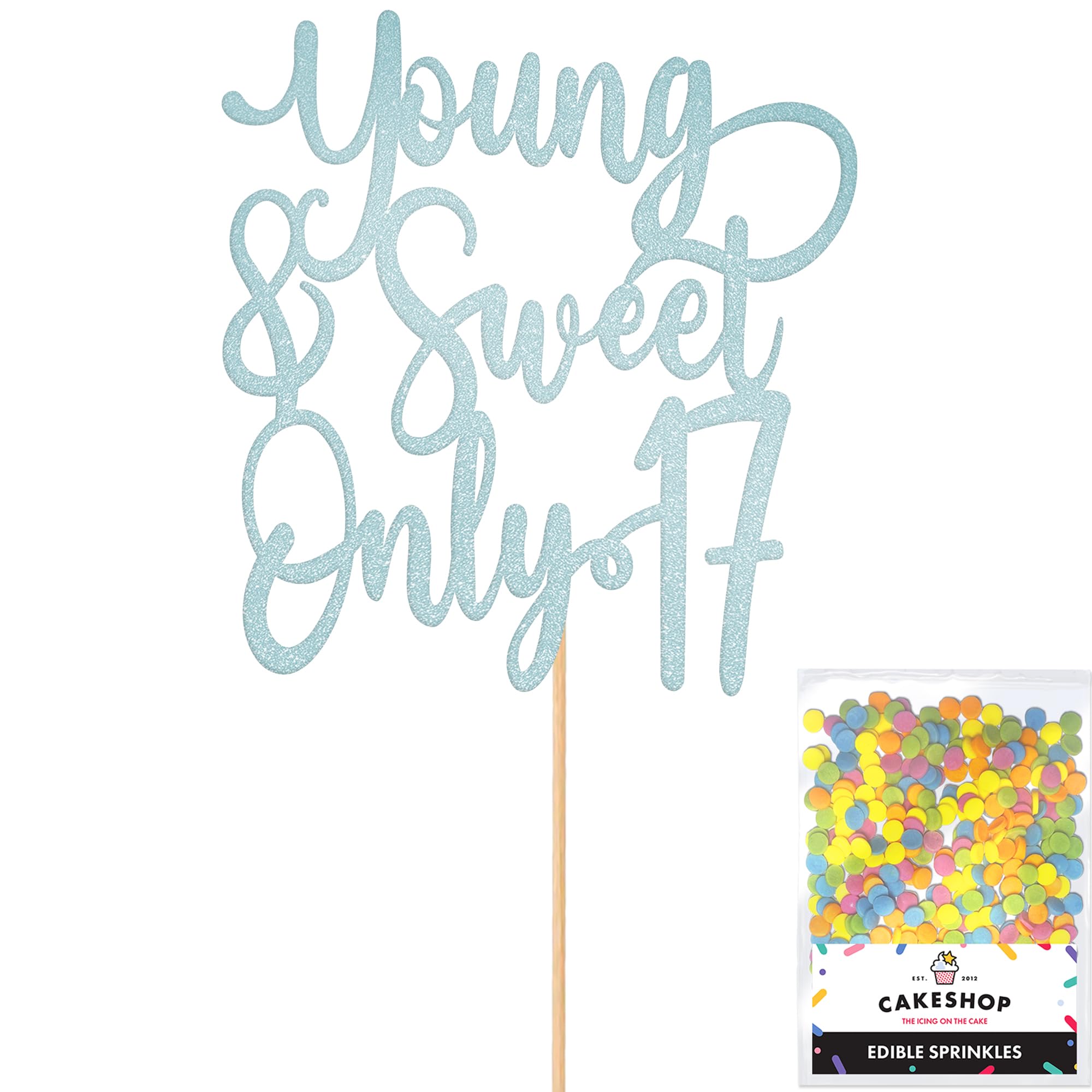 Cakeshop Personalised ABBA Themed Glitter Cake Topper With Sprinkles - Light Blue Custom Colour - Any Age - Double-Sided Glitter Card Cake Decoration - Custom Toppers for Cakes